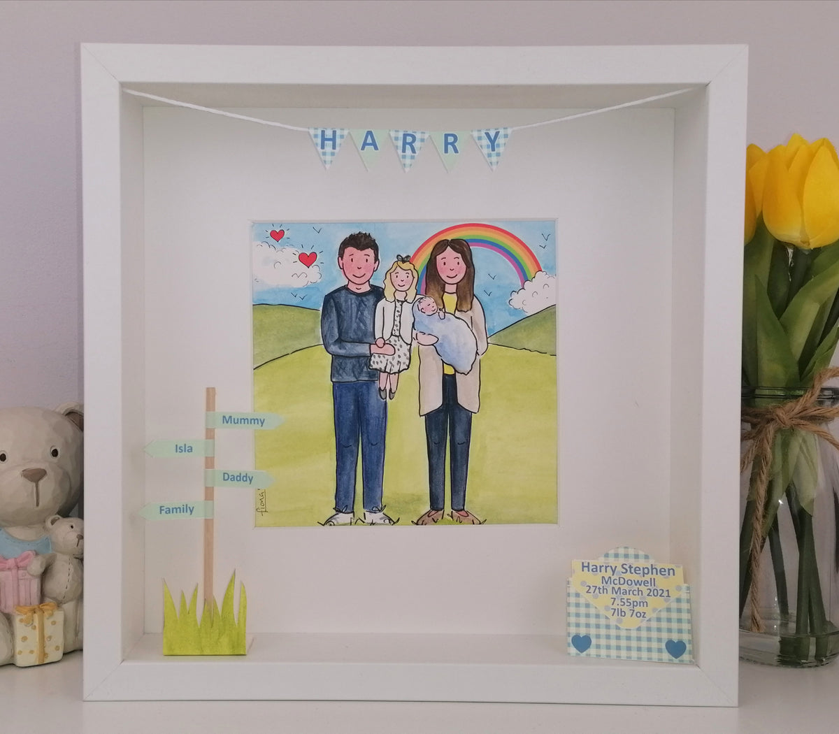 Personalised New Baby Family Box Frame | Hand-Painted Family Illustration