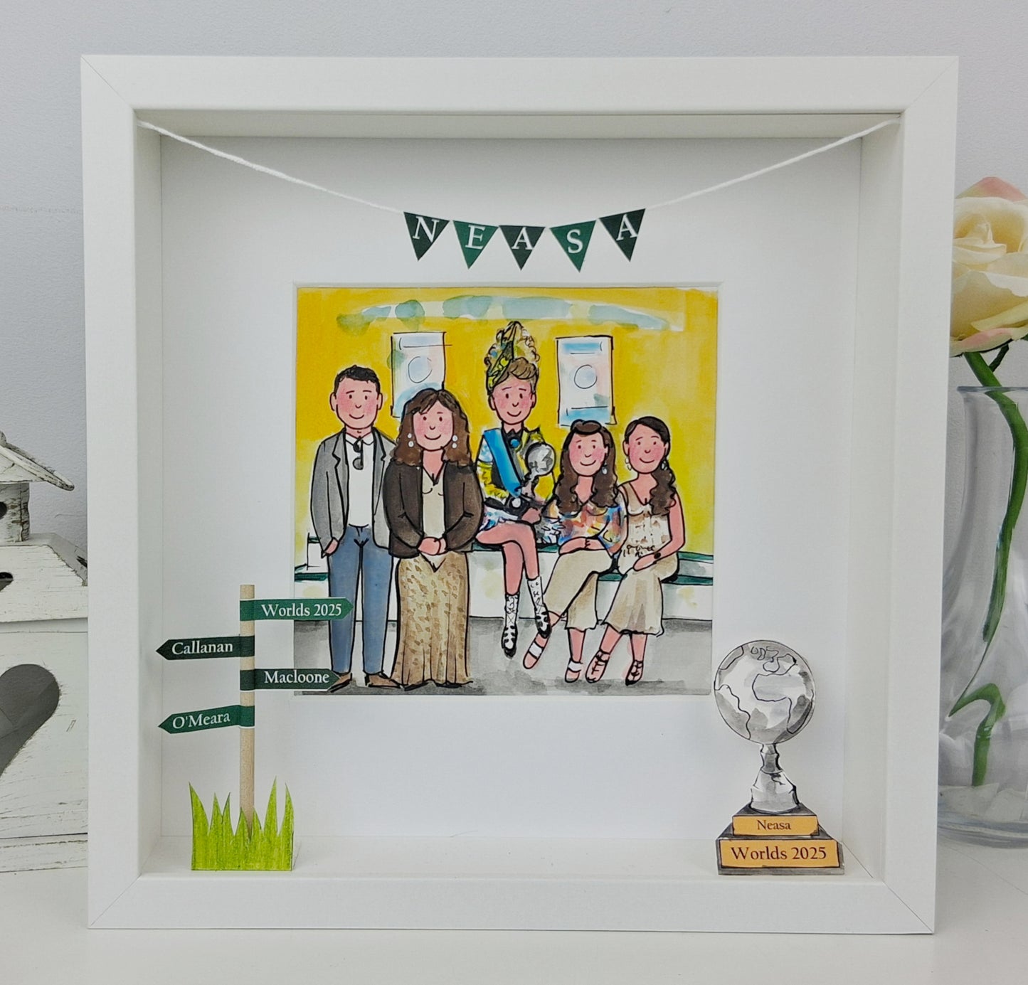 Framed illustration of Girl Irish_dancer_Ulster_Champion_ celebration with Coaches with a yellow background, featuring a trophy and decorative elements.