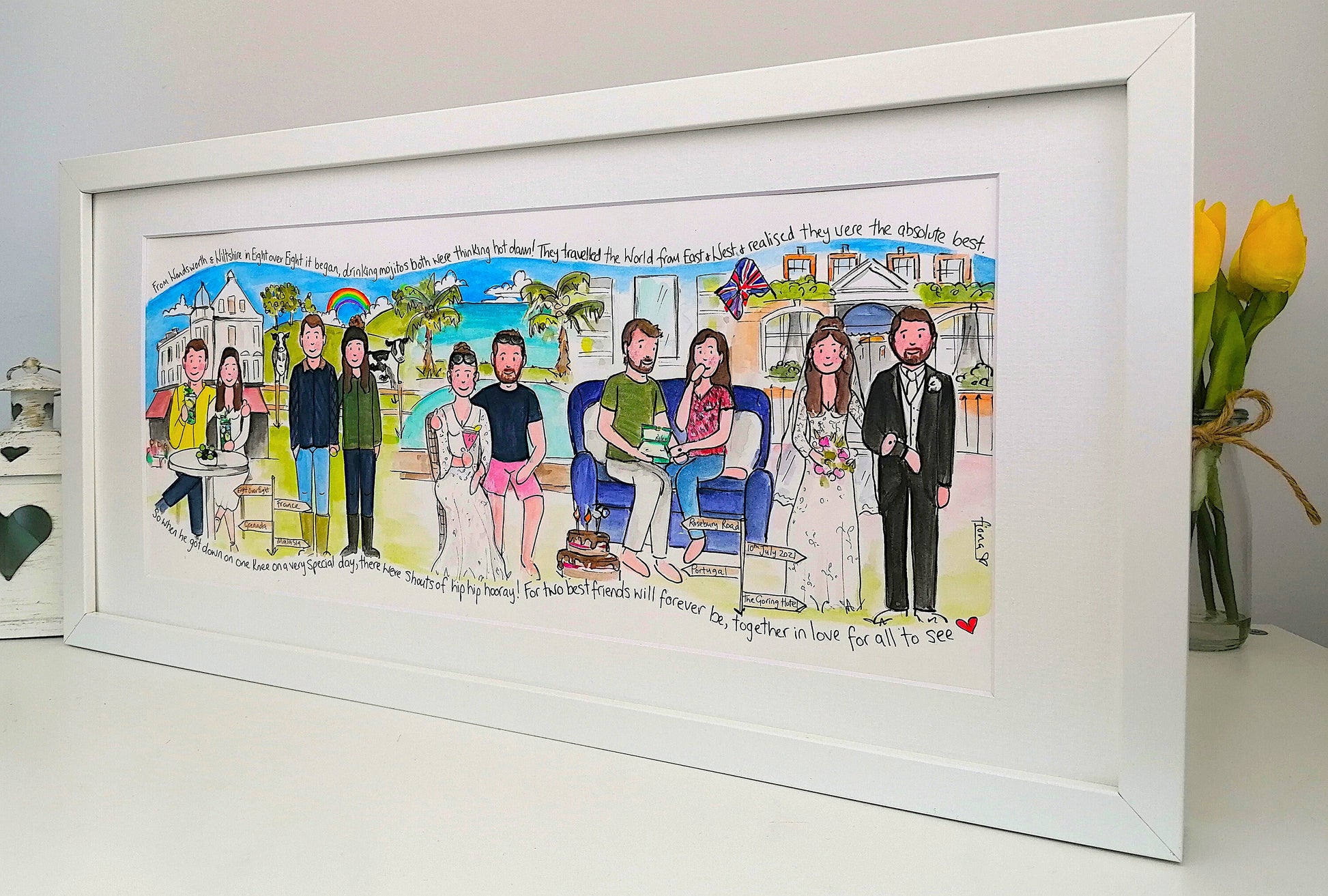 Personalised love story illustration for friends wedding or engagement, A custom designed watercolour timeline love story