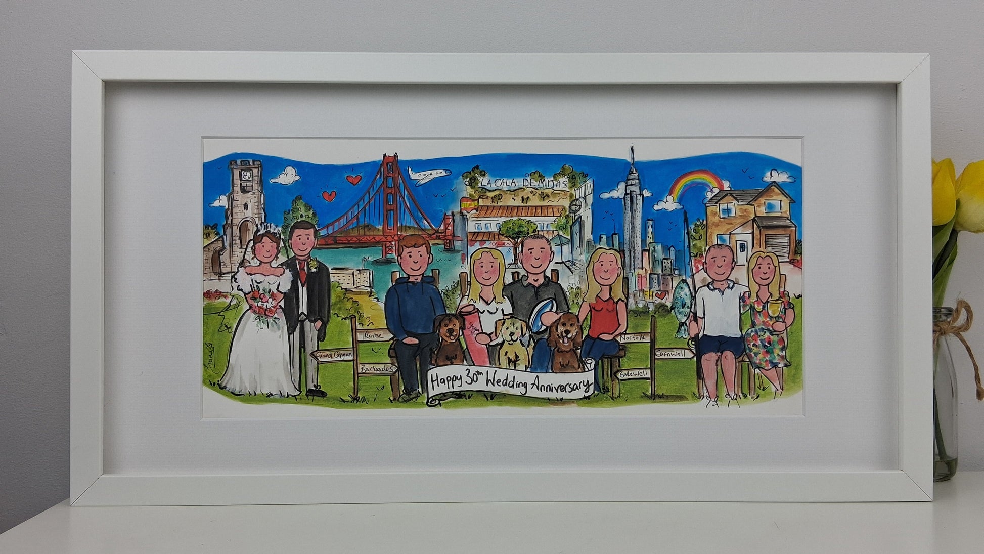 Framed artwork of a couple and their family with a cityscape background