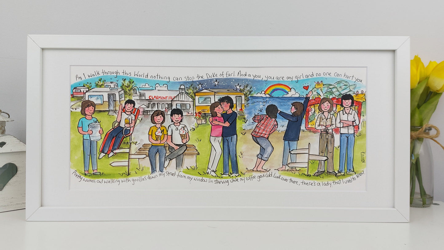 Framed illustration of a family scene with colorful characters on a white surface.