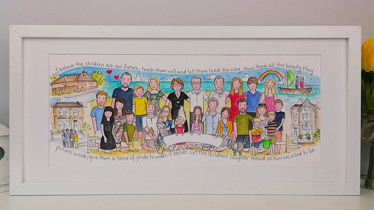 Framed family portrait with illustrations of people and buildings, placed on a light surface with a vase of flowers in the background.