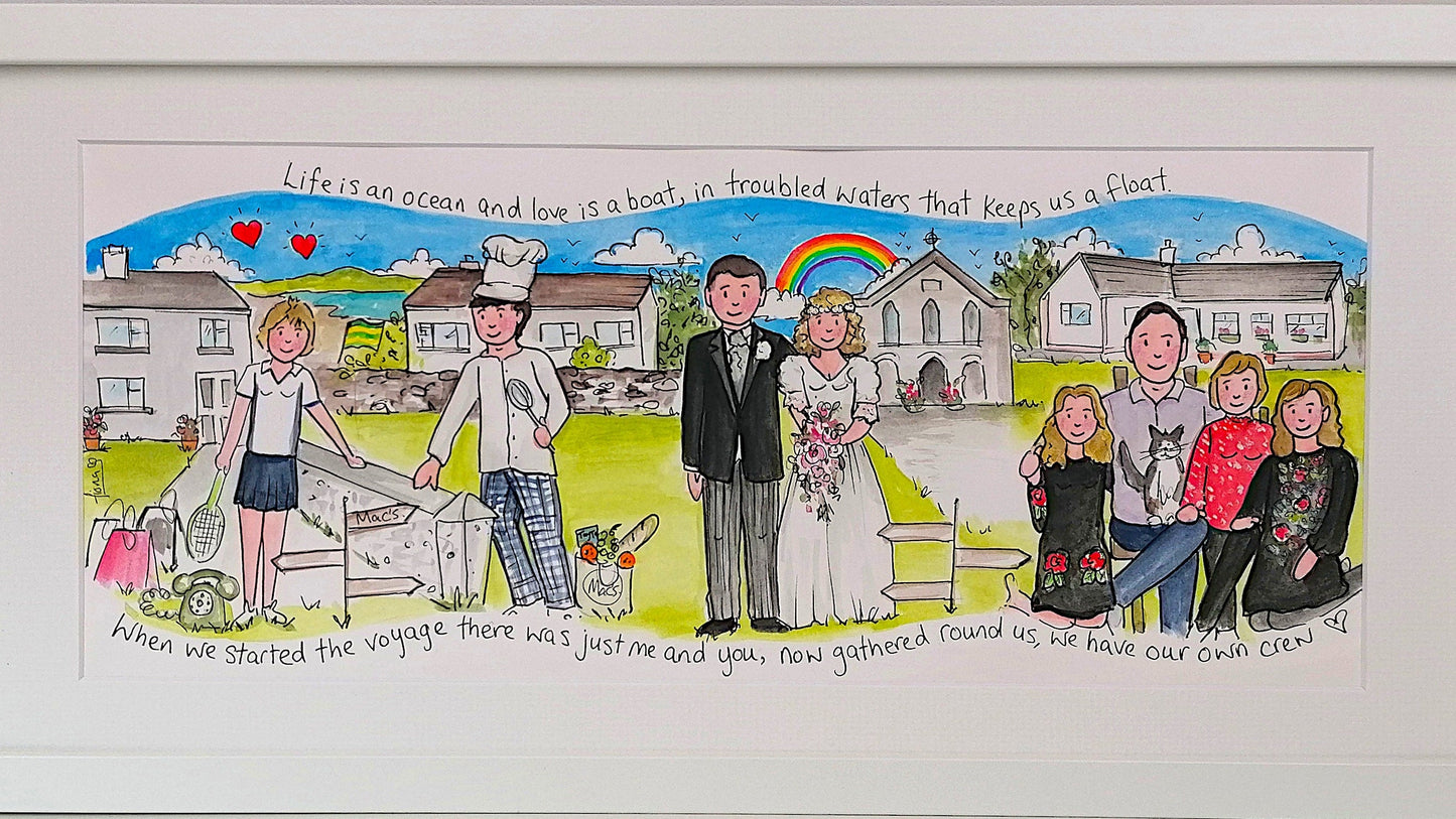 Cartoon-style illustration of a family scene with text on a white background