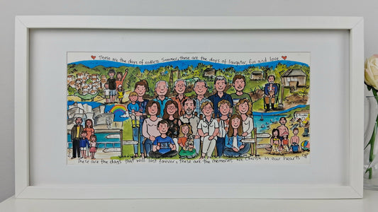 Framed artwork of a colorful illustration of a family group with a scenic background.
