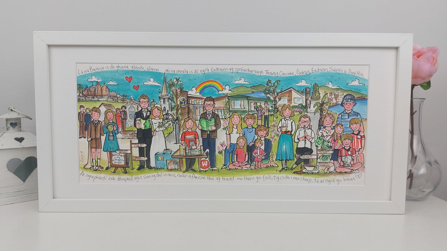 Framed illustration of a wedding scene with people in various outfits and poses, set against a colorful background.