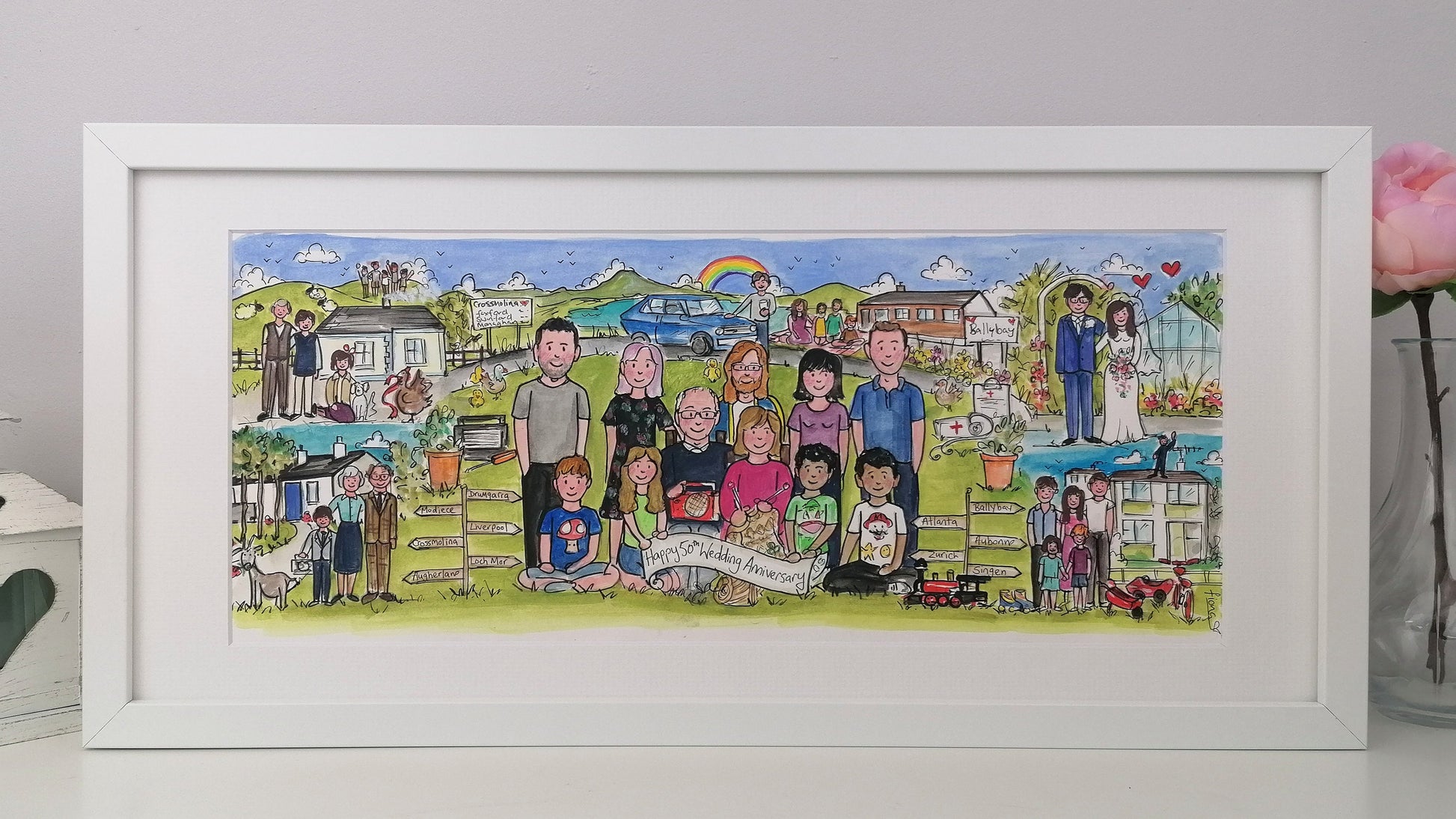 Framed illustration of a family gathering with a white background