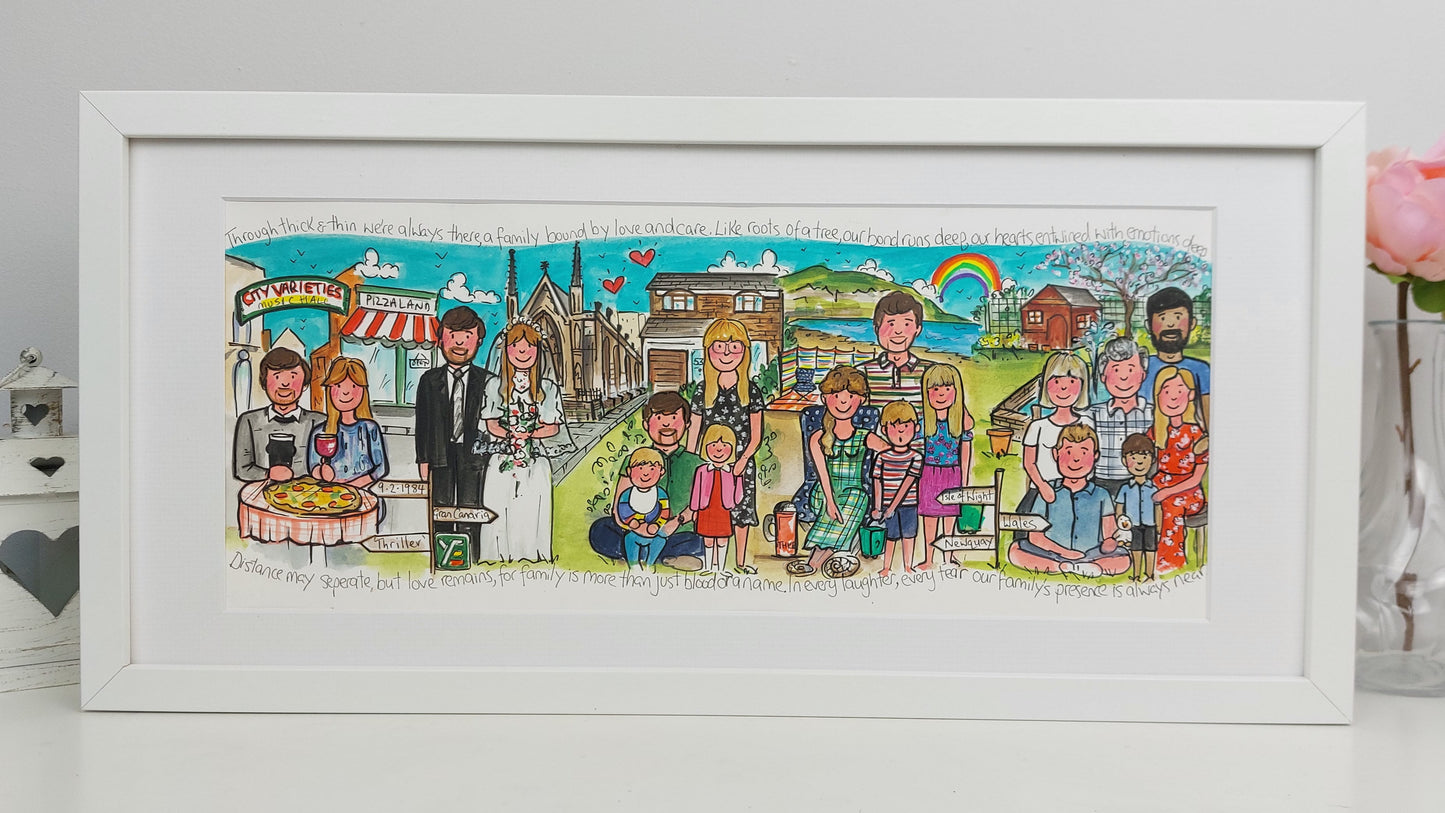 Framed artwork of a wedding scene with people and buildings, on a light gray background.