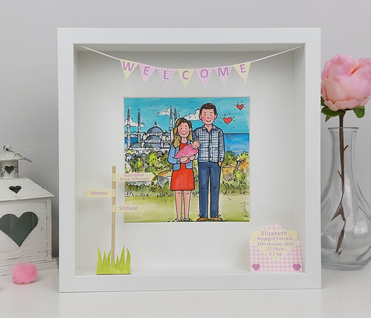 Personalised New Baby Family Box Frame | Hand-Painted Family Illustration