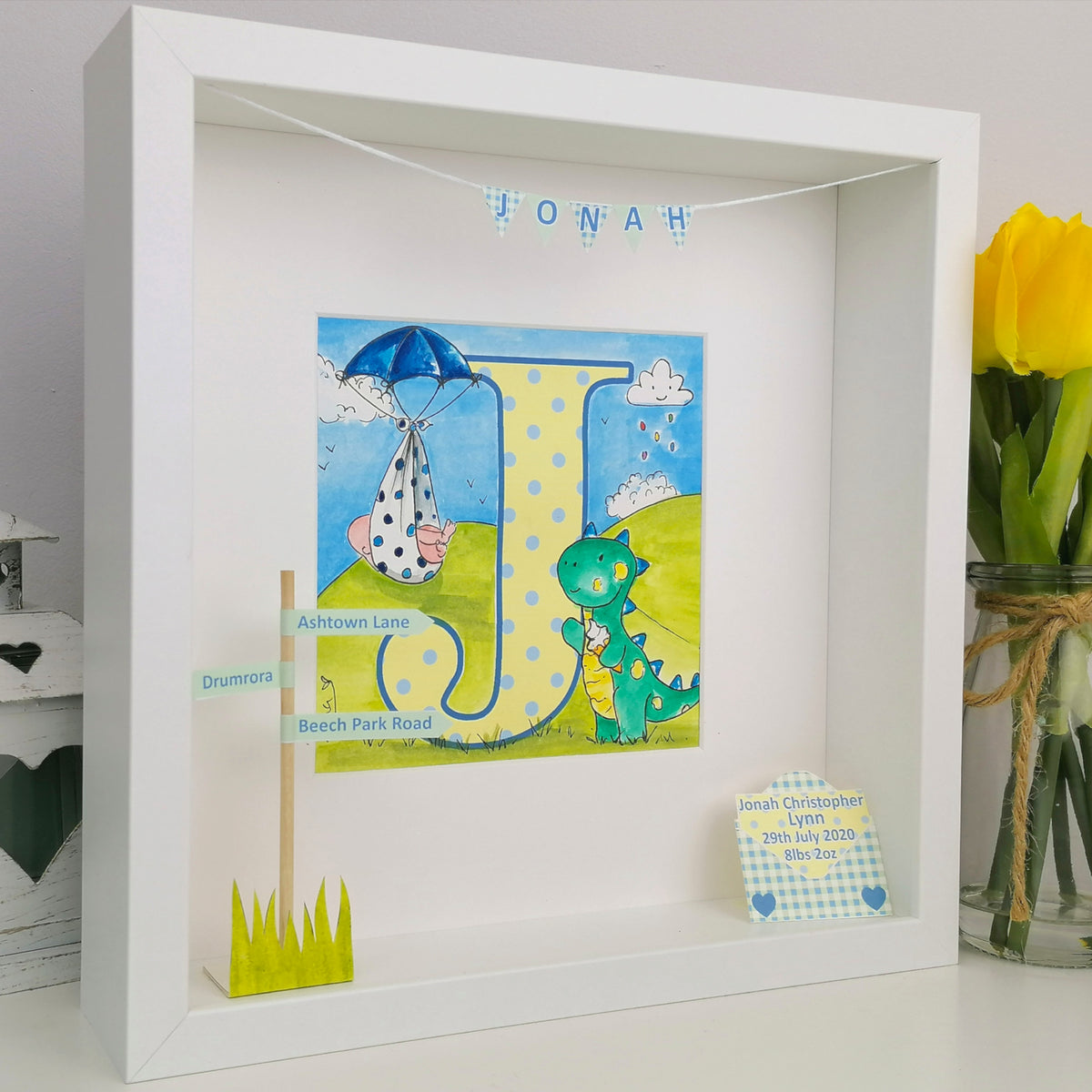 Baby Boy Initial Box Frame | Blue Dinosaur Keepsake