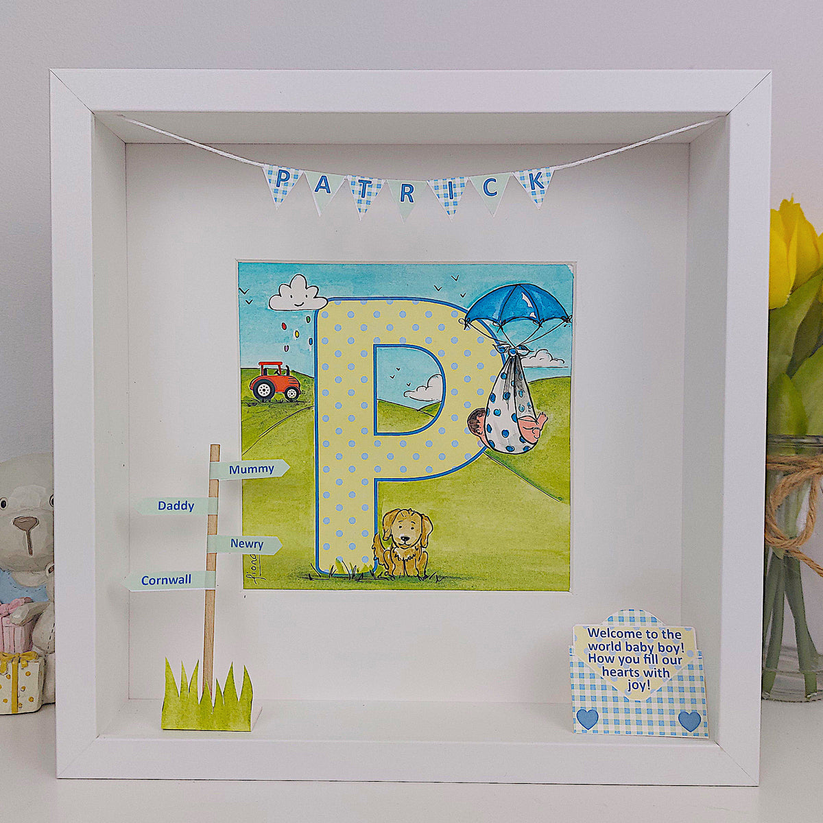 Baby Boy Initial Box Frame | Blue Dinosaur Keepsake