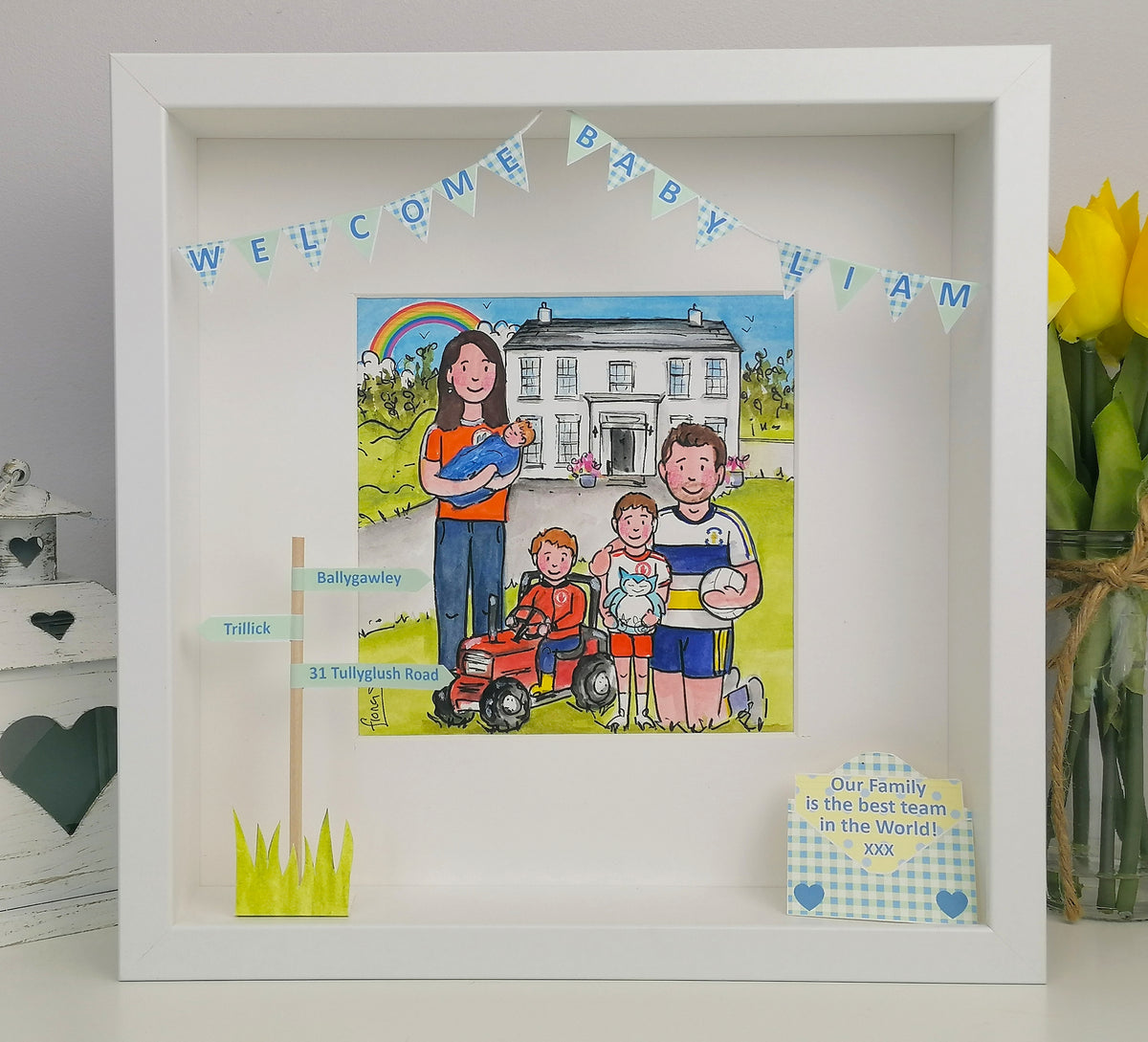 Personalised New Baby Family Box Frame | Hand-Painted Family Illustration