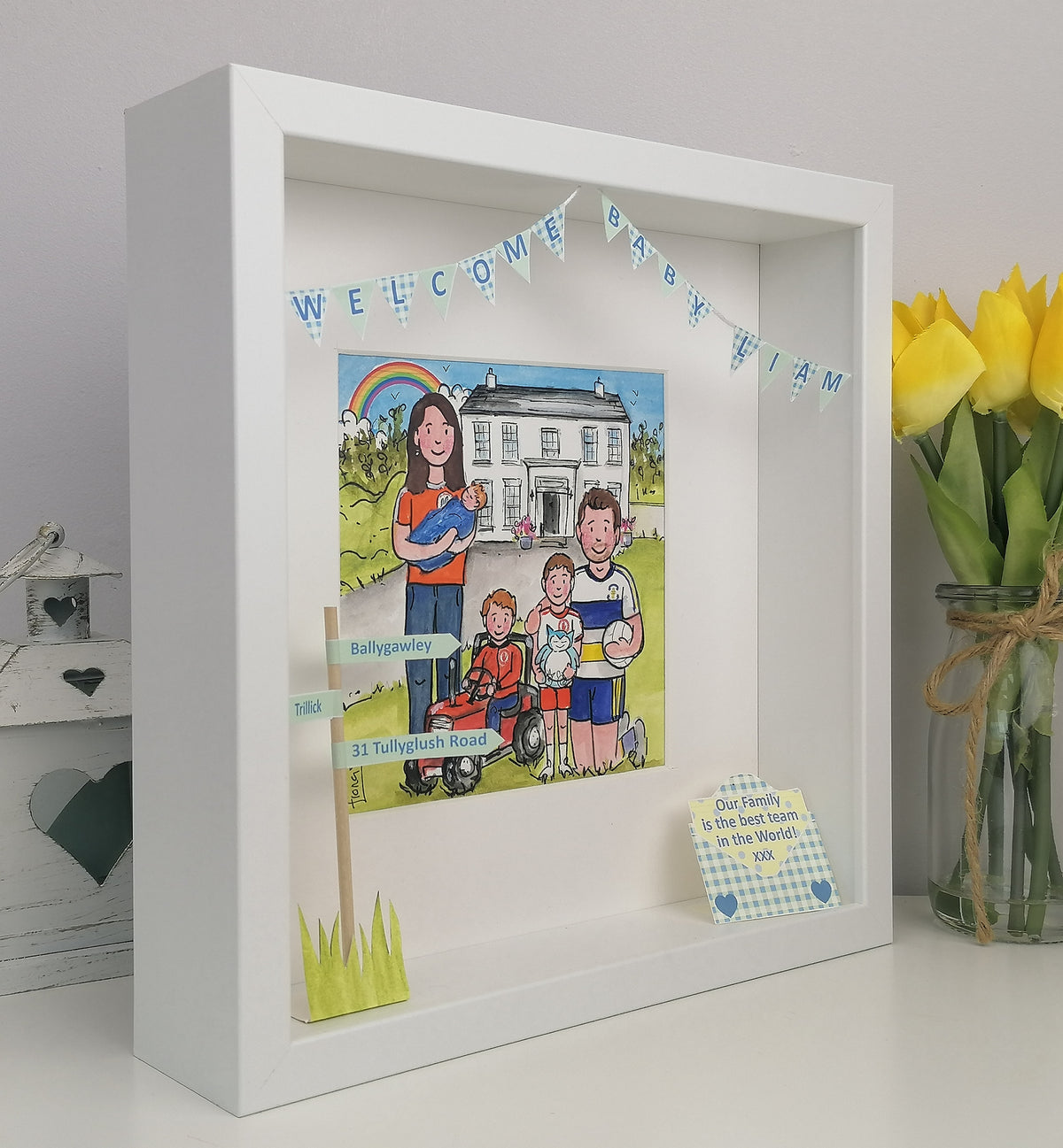 Personalised New Baby Family Box Frame | Hand-Painted Family Illustration