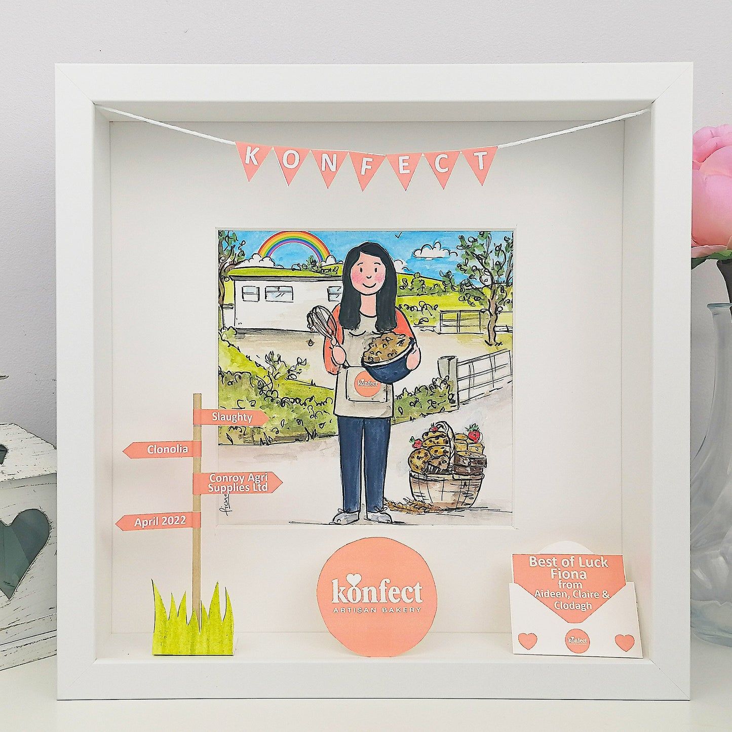 illustration in a white box frame Colourful with bunting and signpost