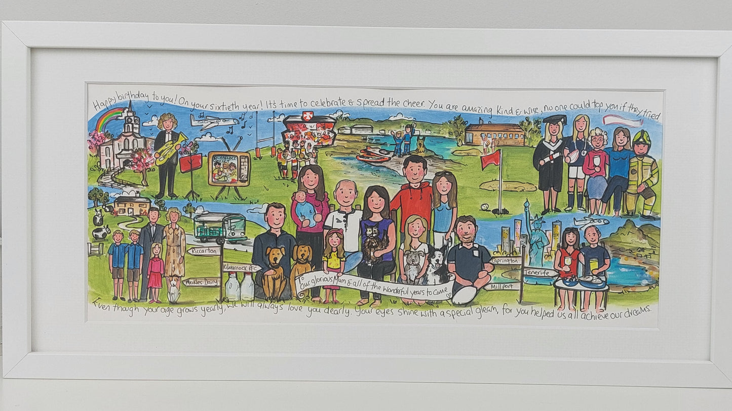 Framed artwork of a family gathering with a vase of tulips on a white surface.