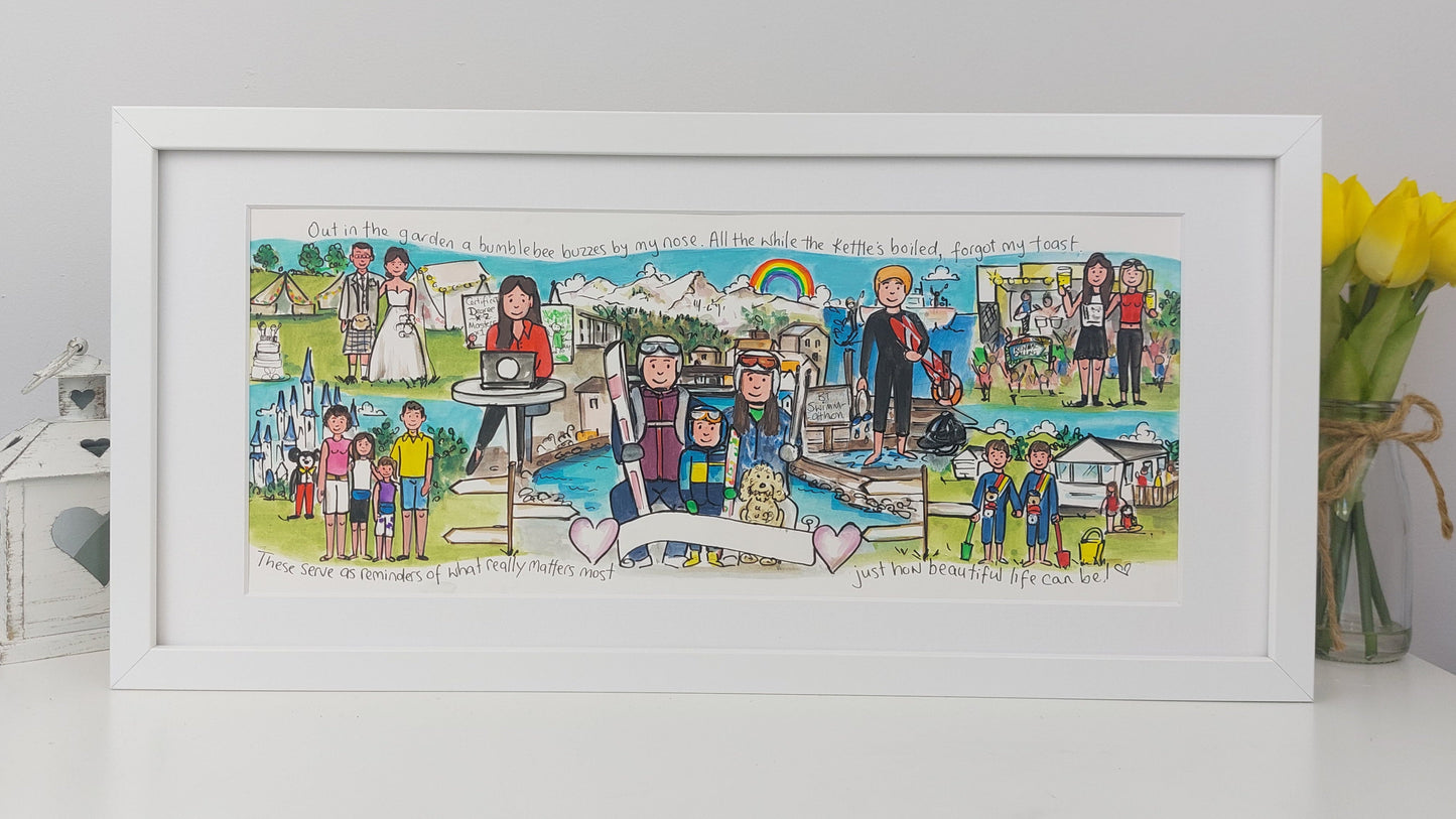 Framed artwork with illustrations of people in various settings on a white surface.