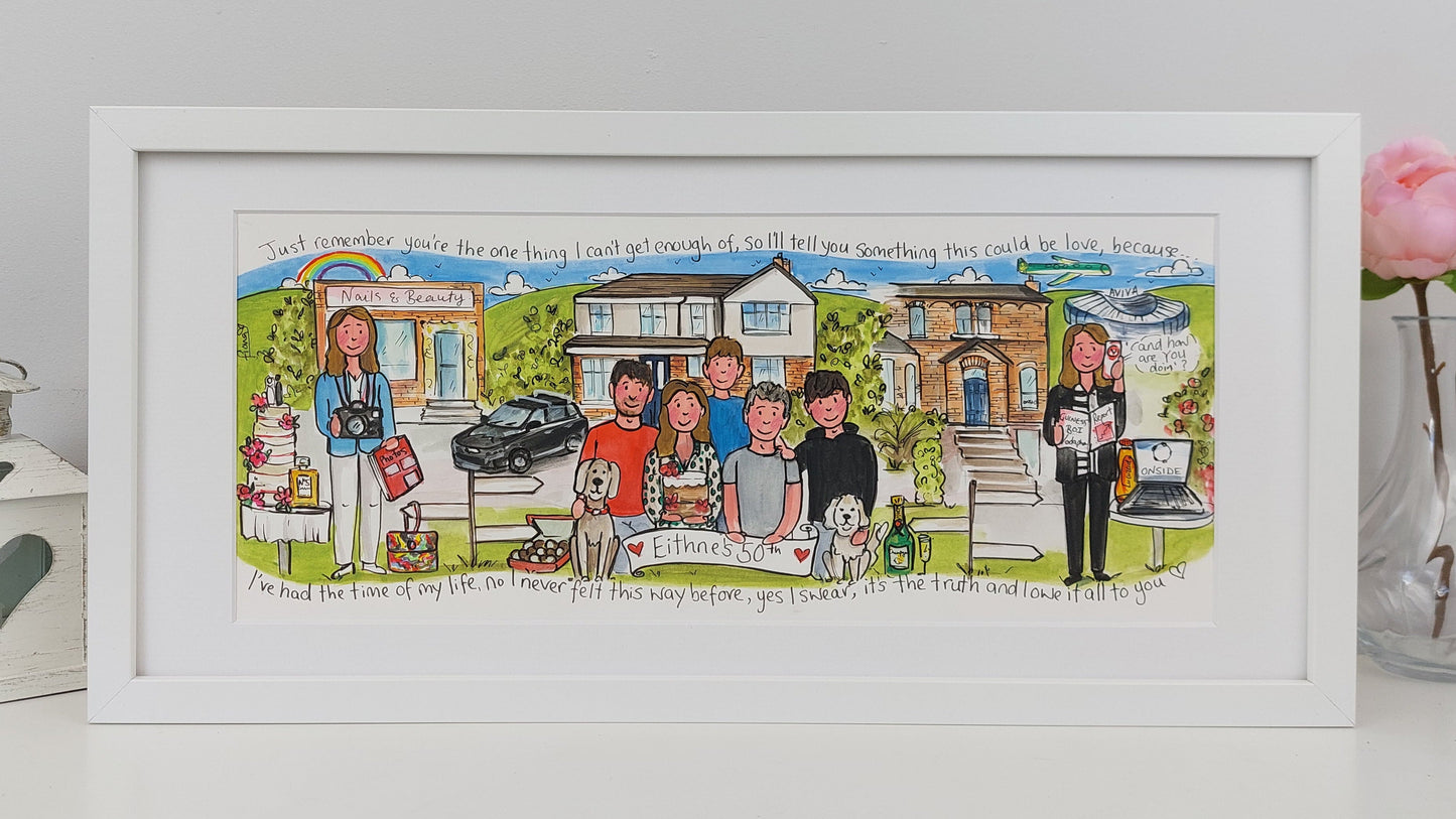 Framed illustration of a family at various life milestones with a house in the background.