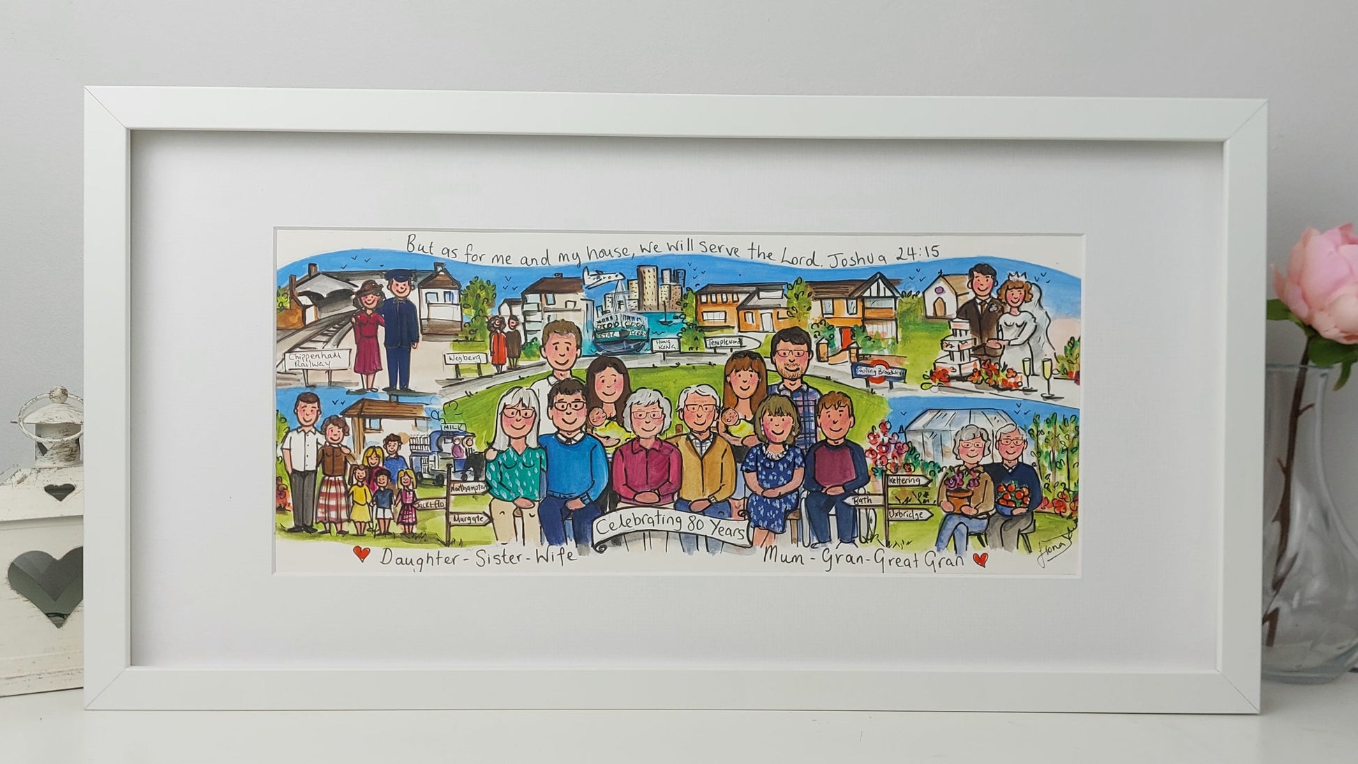Framed artwork of a family portrait with various scenes and people.