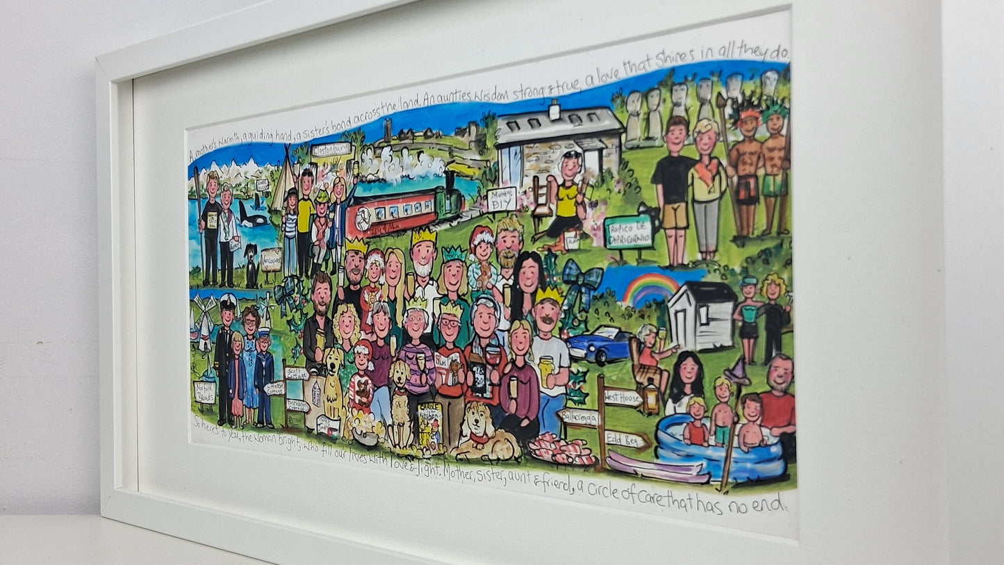 Framed artwork with a colorful illustration of people and scenes on a white wall.
