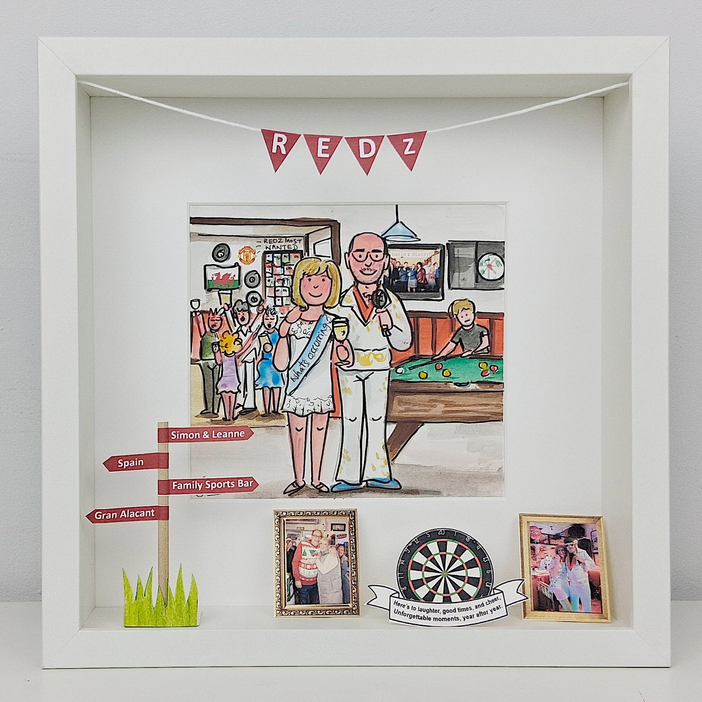 Framed artwork of a couple in a sports bar with decorative elements and text.