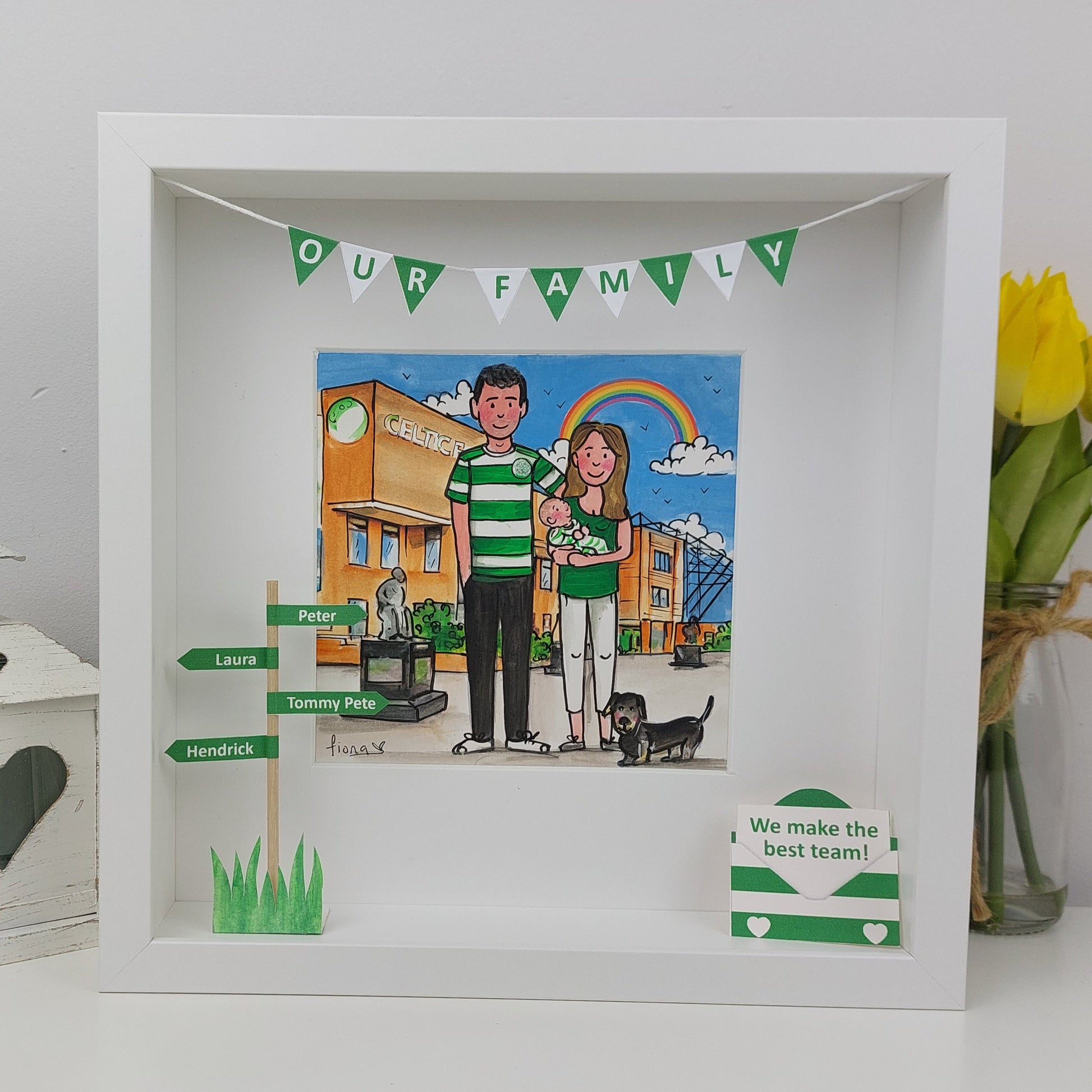Framed artwork of a couple with children and pets, featuring a rainbow and 'Our Family' banner.