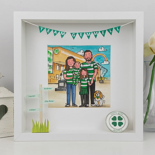 Framed artwork of a family with a dog, featuring a green and white emblem,in team jerseys at Celtic Park