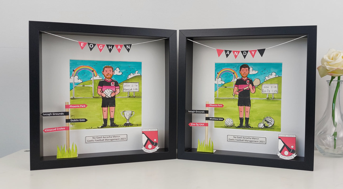 Two framed illustrations of a person playing Hurling and gaelic football 
