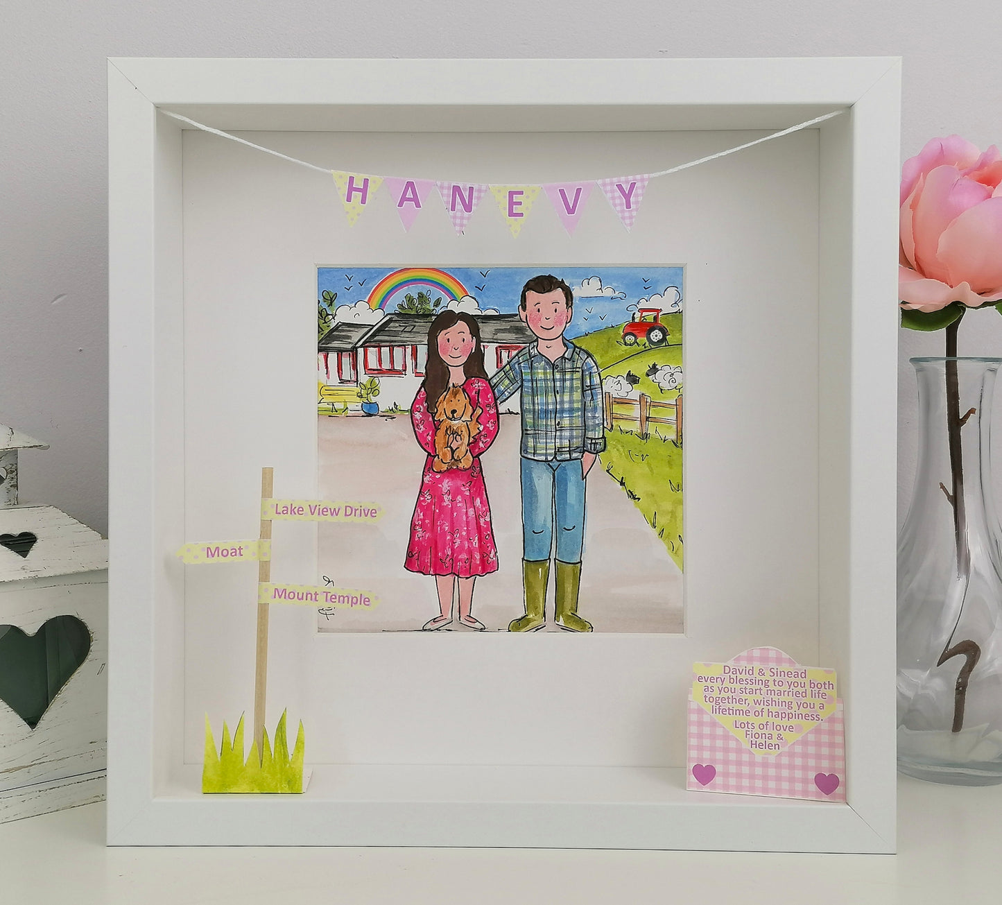 Framed illustration of a couple with a dog, on the farm, new home Tractor and Wellies