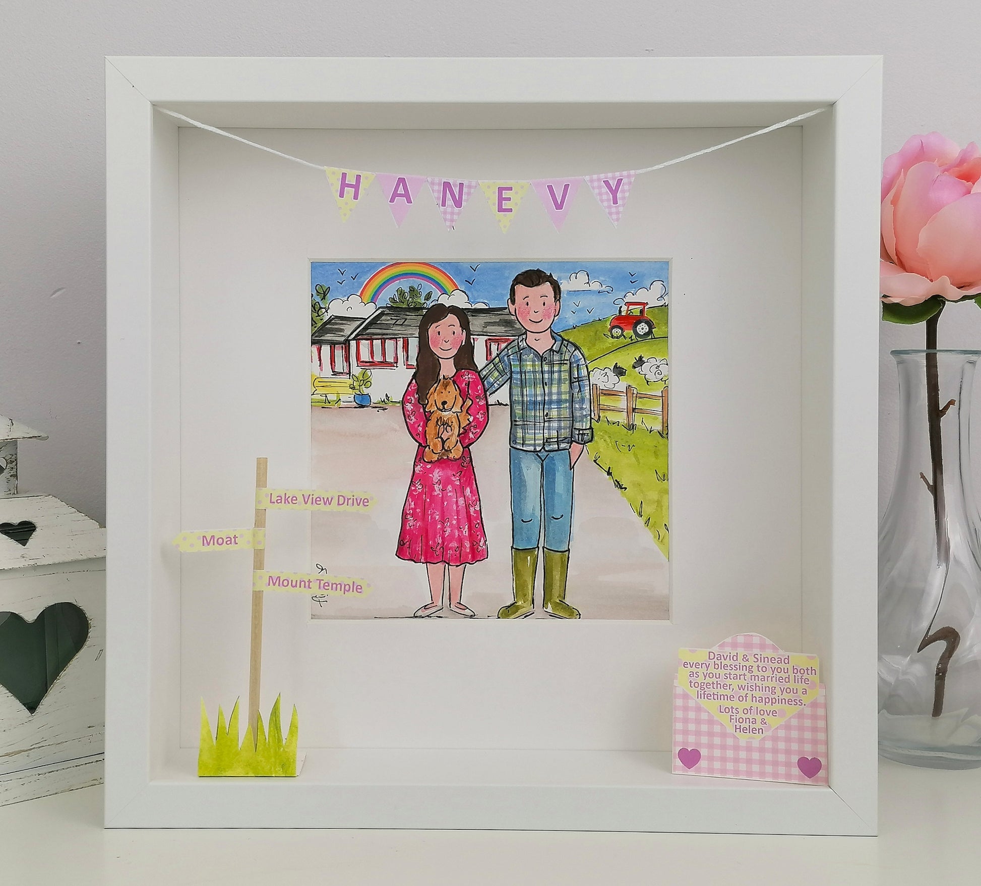 Framed illustration of a couple with a dog, on the farm, new home Tractor and Wellies