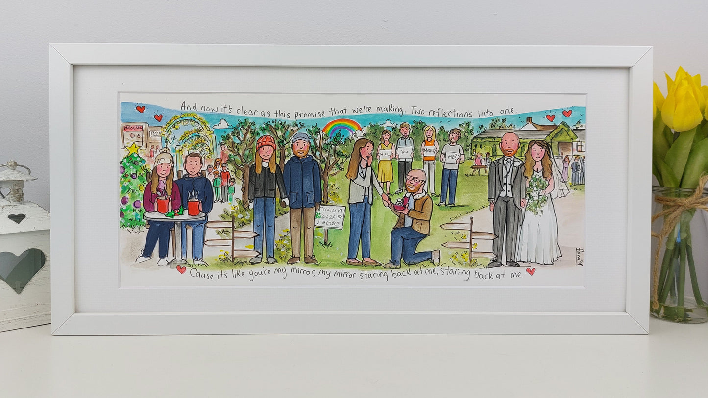 Framed artwork of a wedding scene with people and decorations, on a white surface with a vase of yellow flowers.