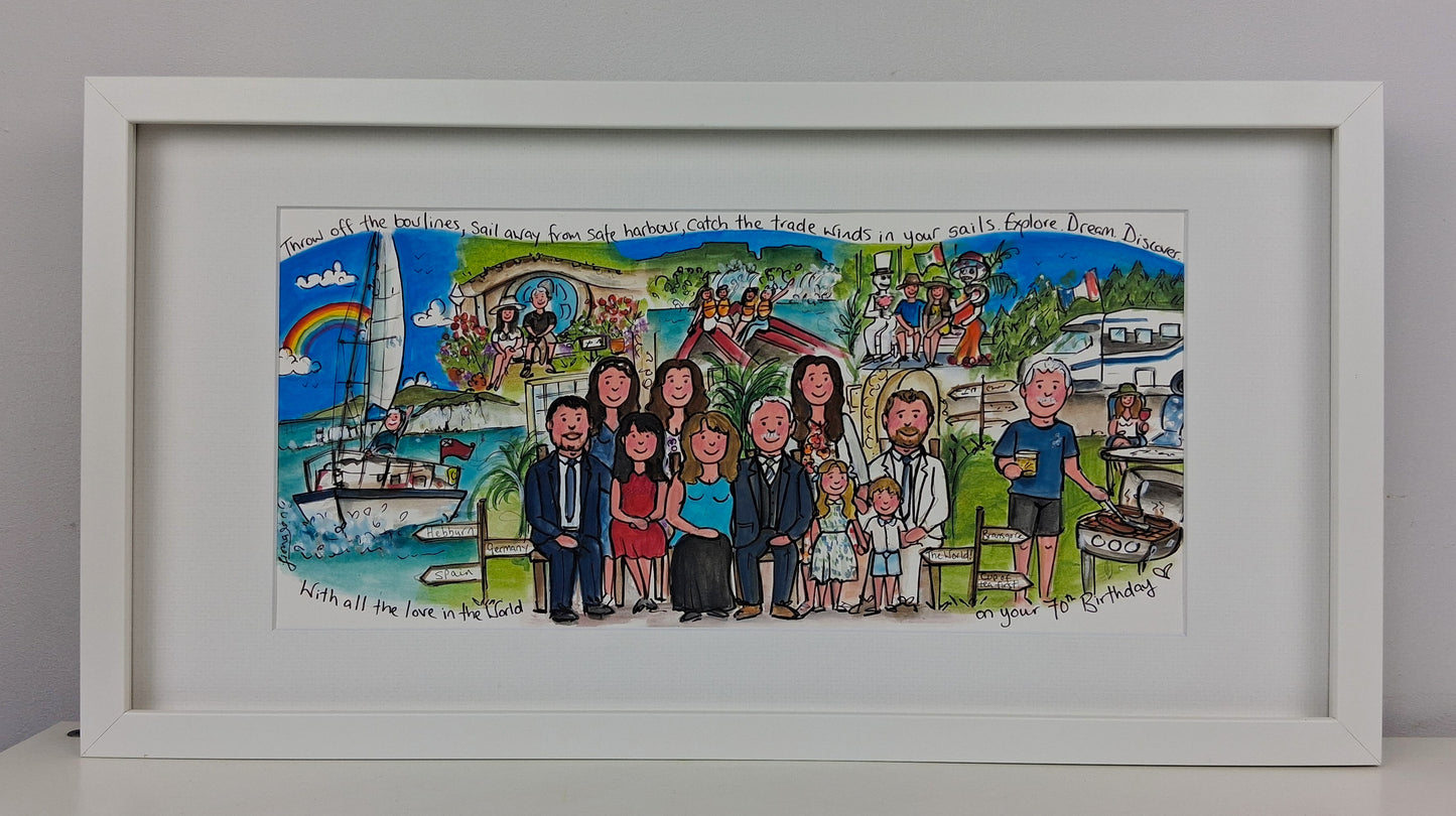 Framed illustration of a family in various settings with a colorful background.