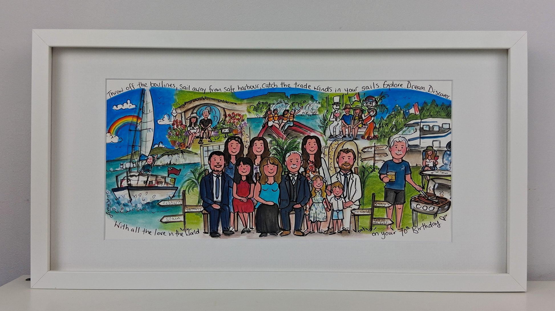 Framed illustration of a family in various settings with a colorful background.