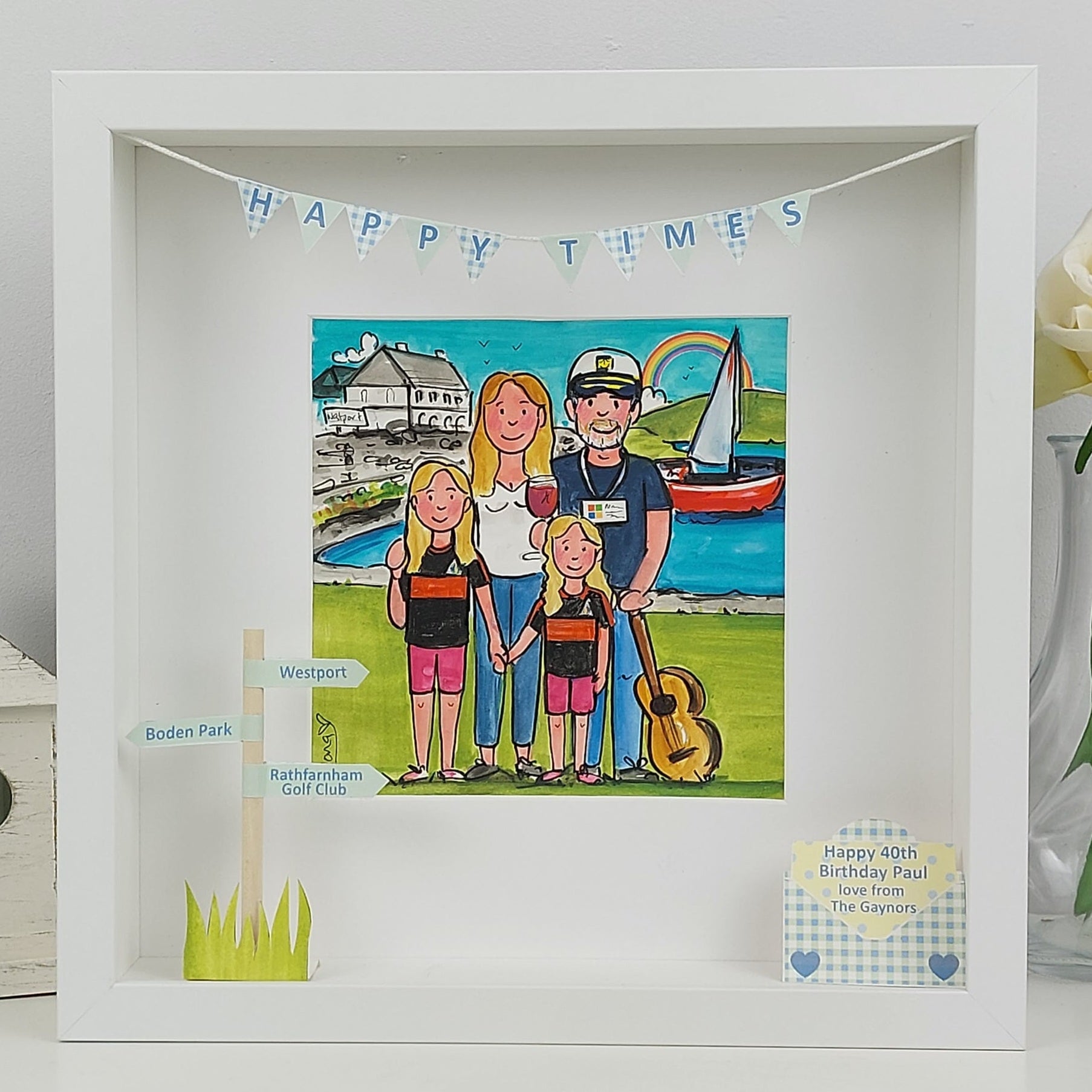 Framed illustration of a family with scenic background and 'Happy Times' banner.