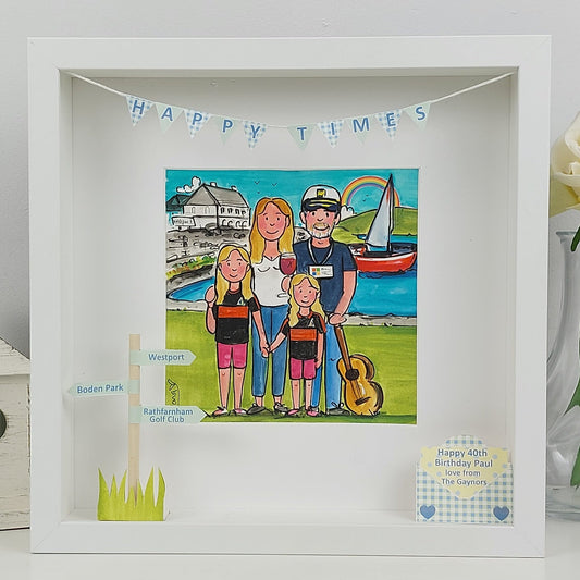 Framed illustration of a family with scenic background and 'Happy Times' banner.