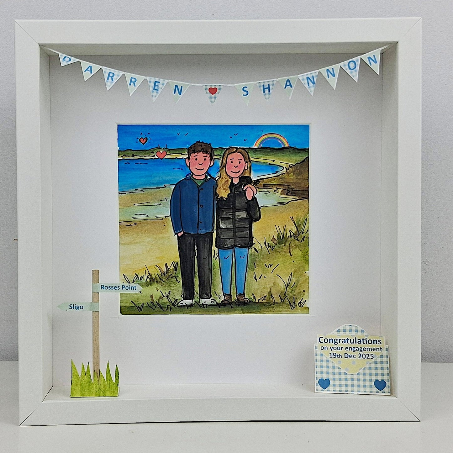Framed ilustration of a Engagedcouple on sligo beach Rosses Point Illustration Framed with 3d personalised details
