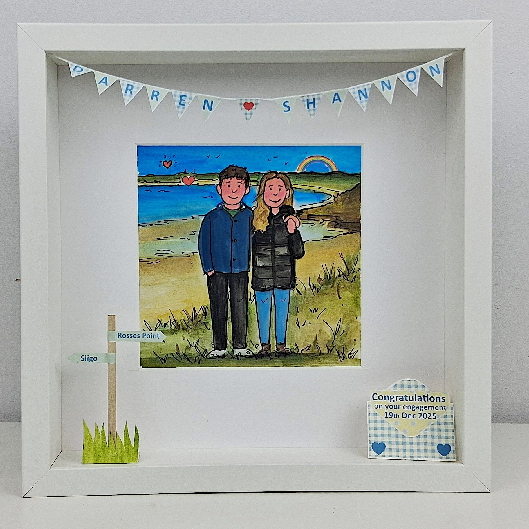 Framed ilustration of a Engagedcouple on sligo beach Rosses Point Illustration Framed with 3d personalised details