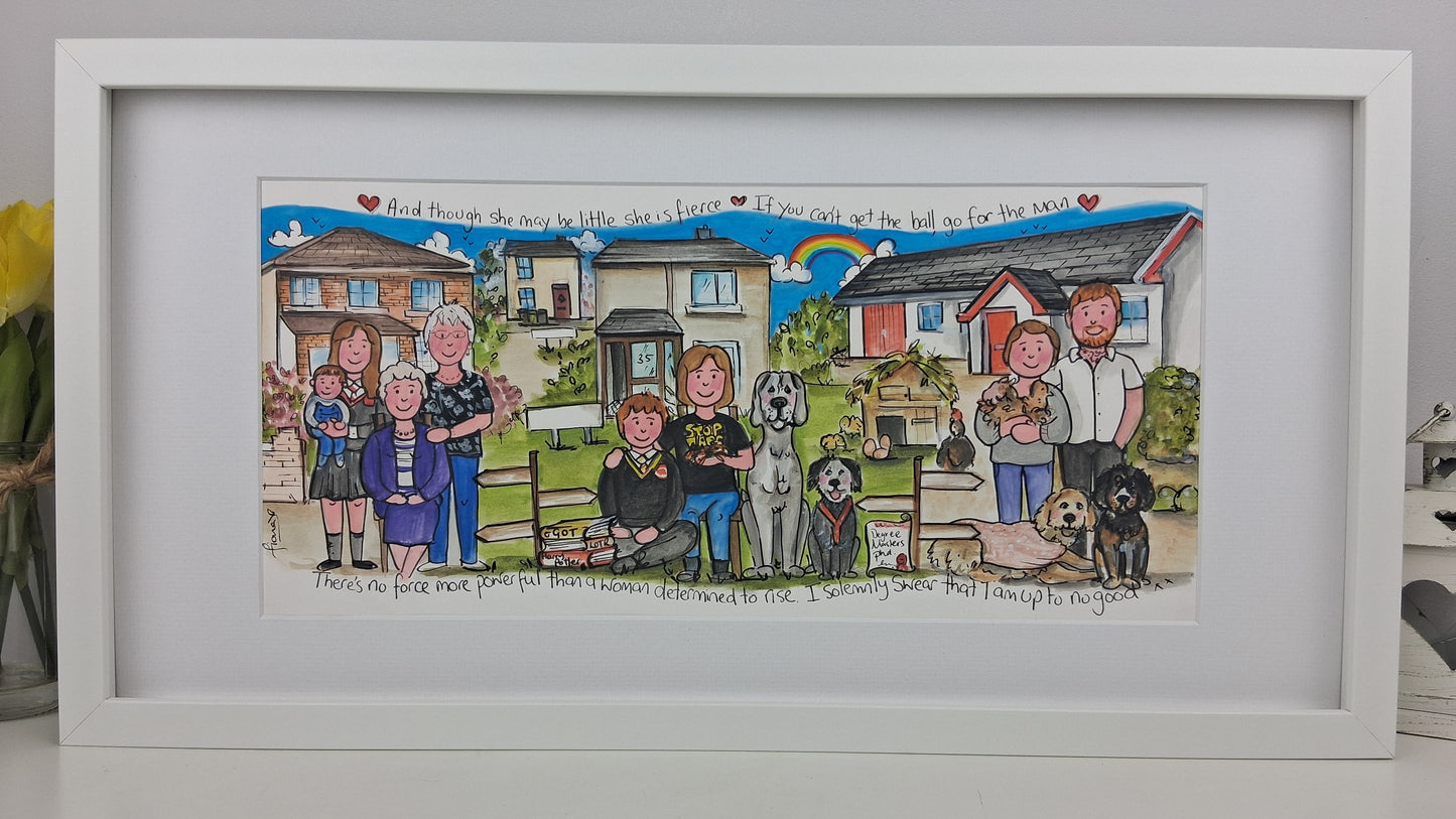 Framed artwork of a family with pets in a suburban setting