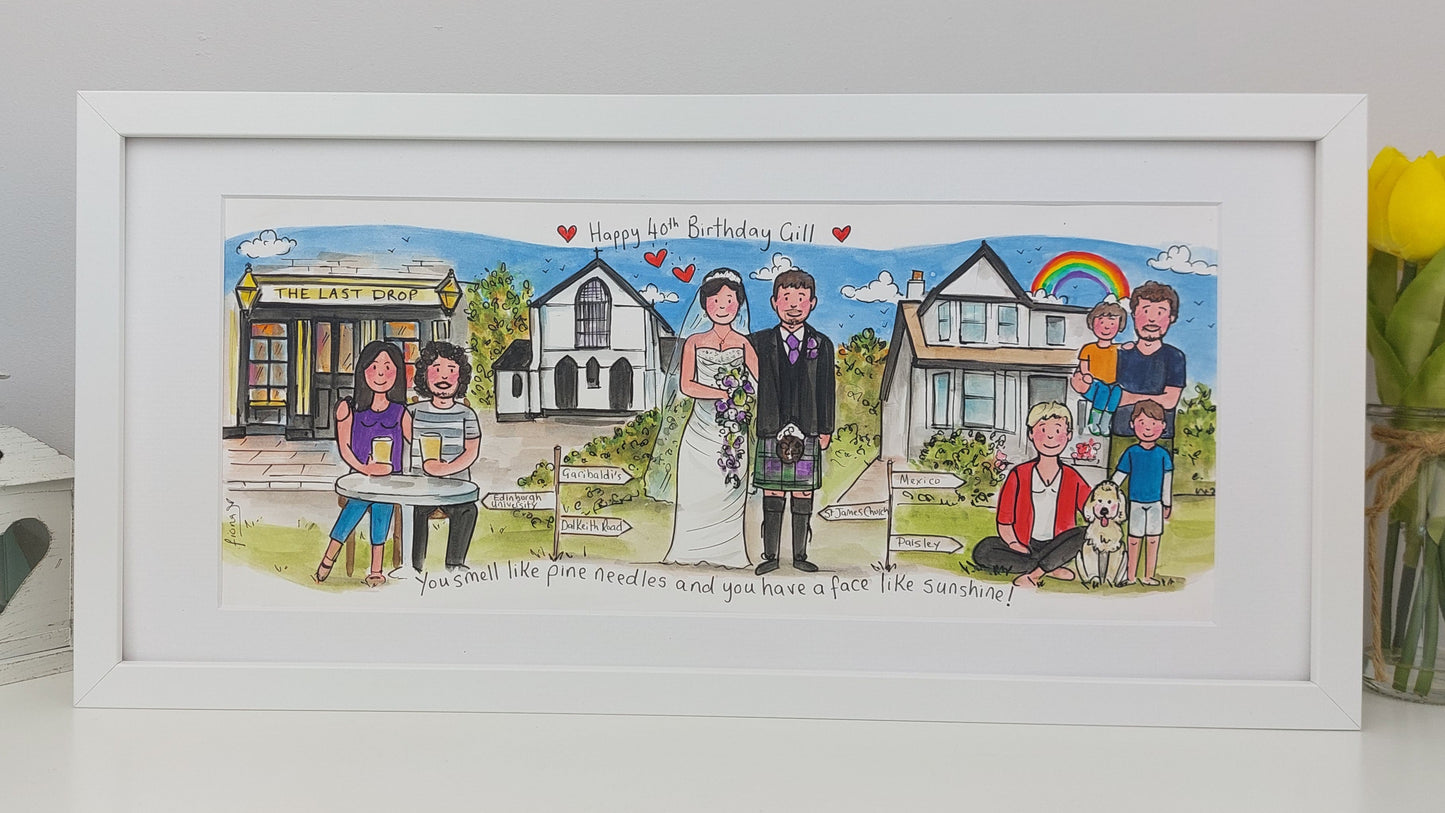 Framed artwork of a wedding scene with people and buildings, on a white surface with a vase of flowers.