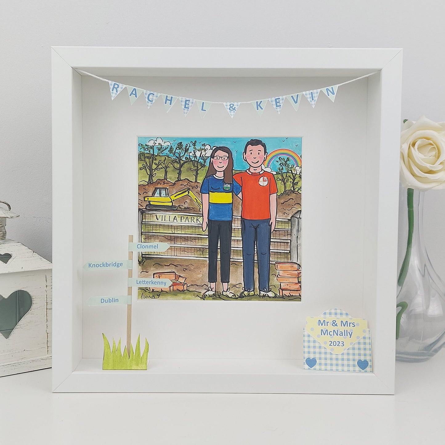 Framed illustration of a couple with personalized text on a white background