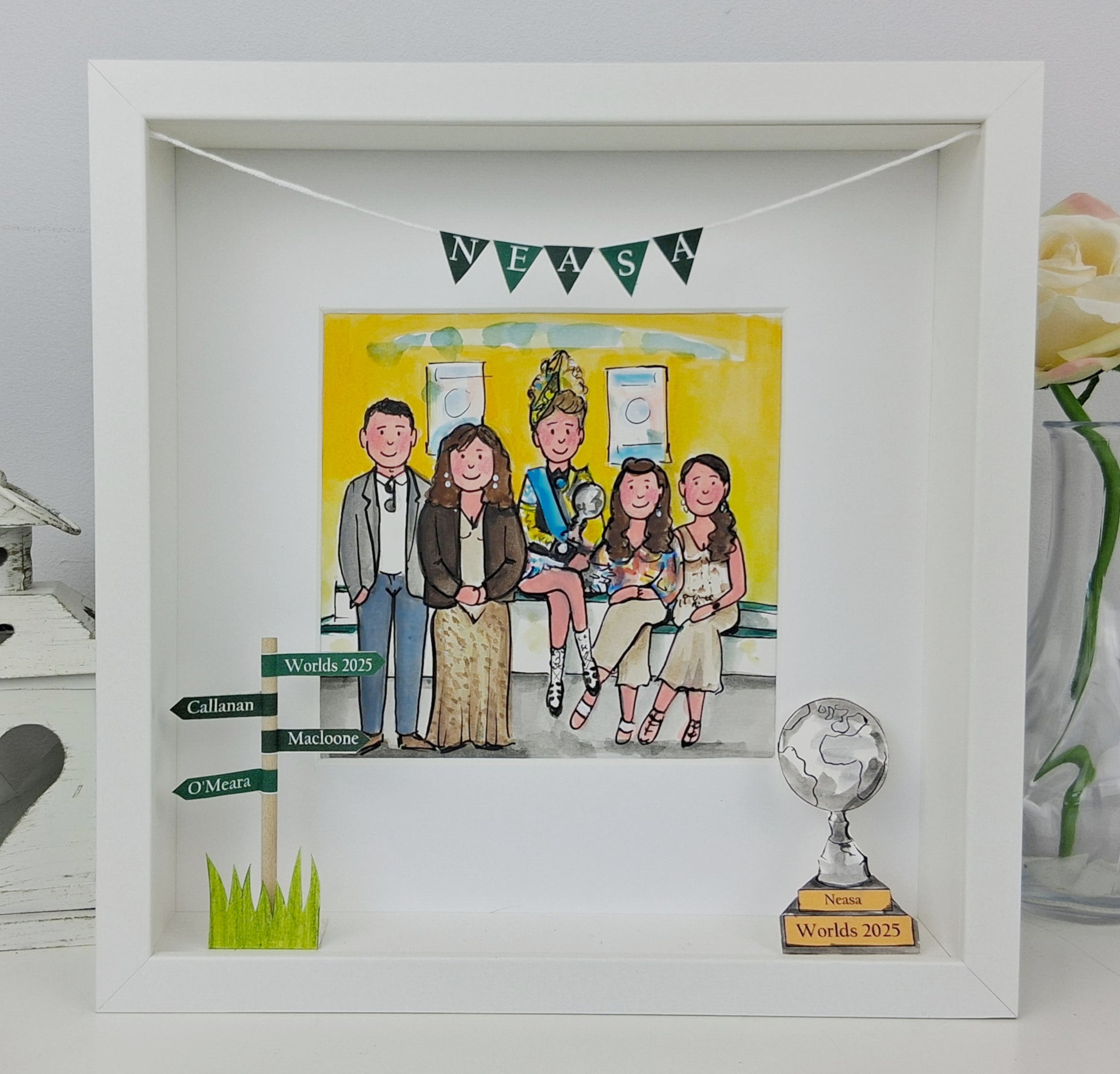 Framed illustration of Girl Irish_dancer_Ulster_Champion_ celebration with Coaches with a yellow background, featuring a trophy and decorative elements.