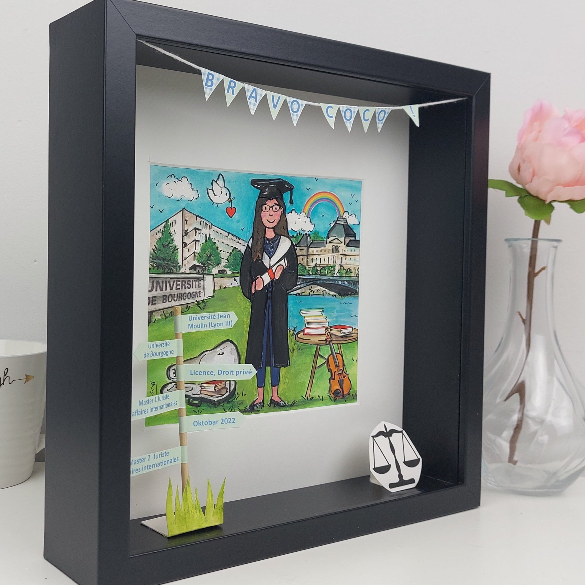 frame with Graduation girl & Uni illustration in gown and with a violin