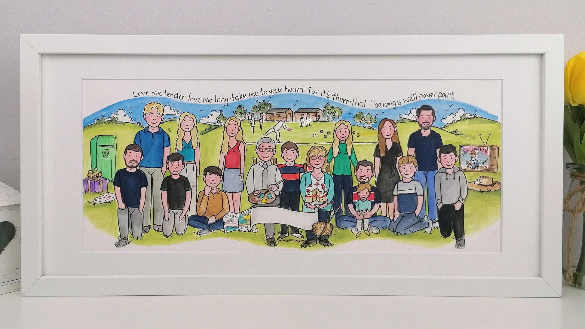 colourful watercolour with family and bowling background