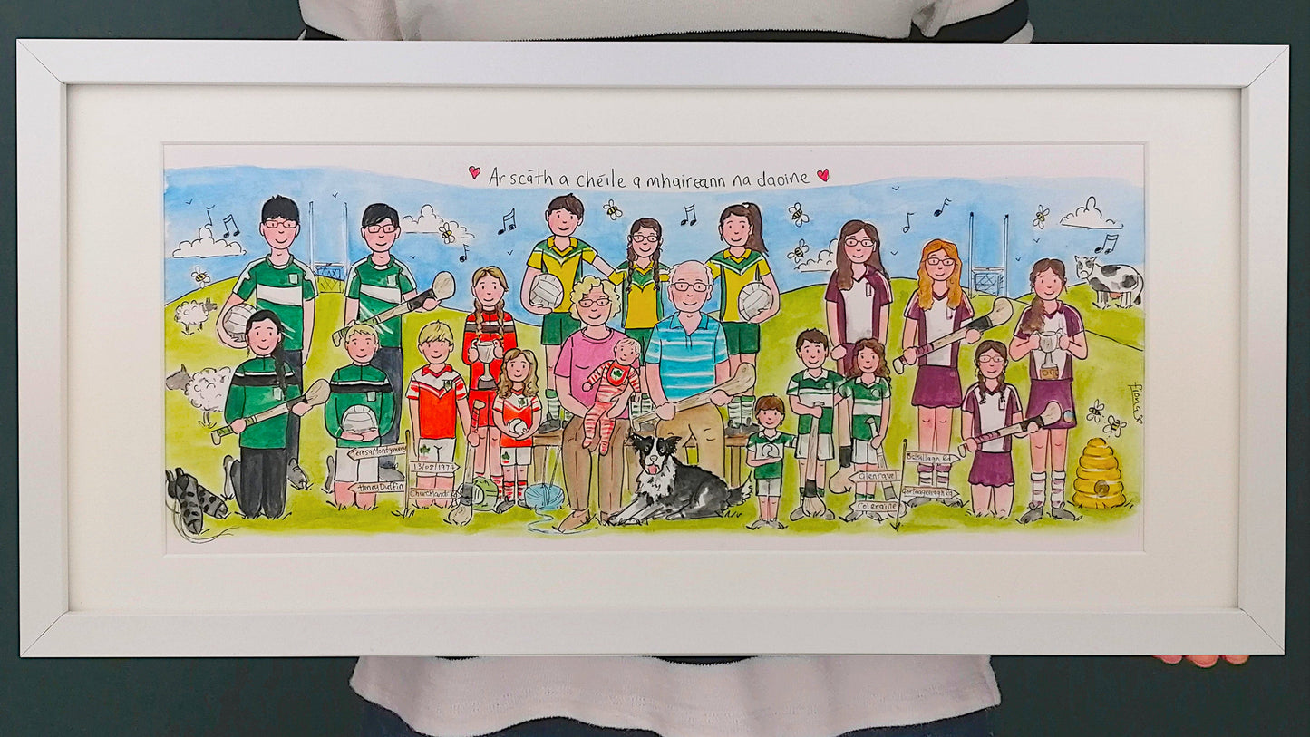 A framed and mounted colorful artwork featuring a group of people and a dog, presented as a family, with musical instruments and a green field in the background.