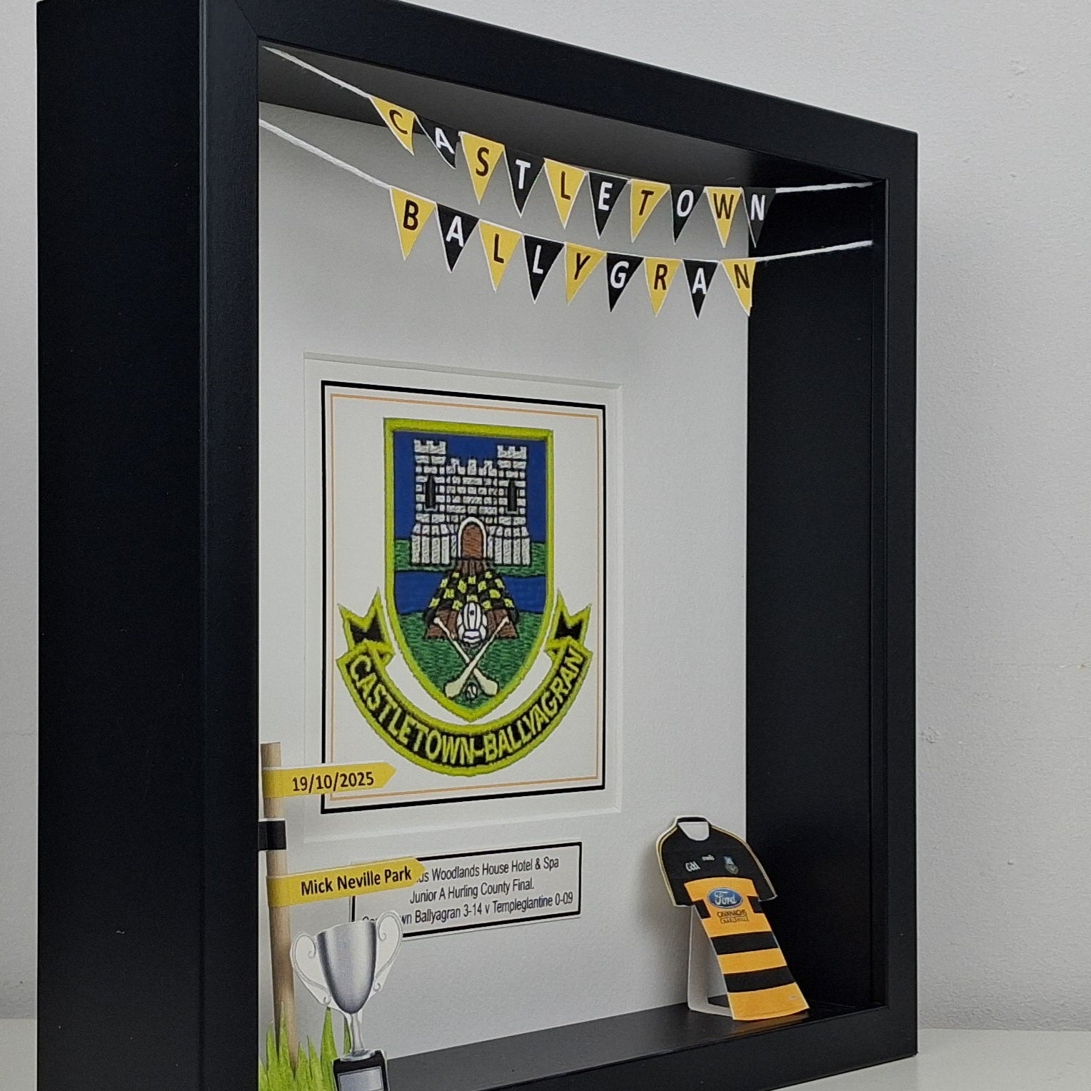 Framed sports emblem with a black border on a white background
