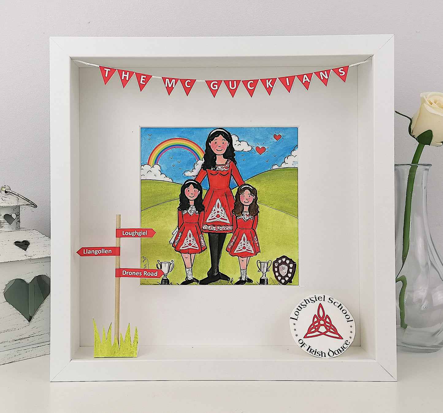 A personalized 3D artwork featuring cartoon-style Irish dancers in a colorful background, framed in a white box frame.