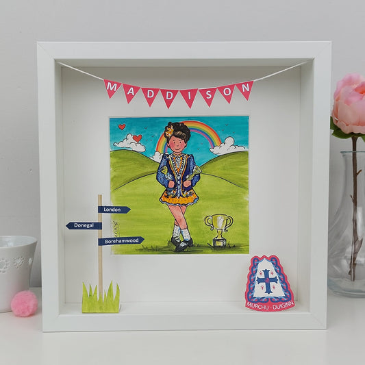 white box frame with Irish Dancing girl in Dress with trophies Illustrations