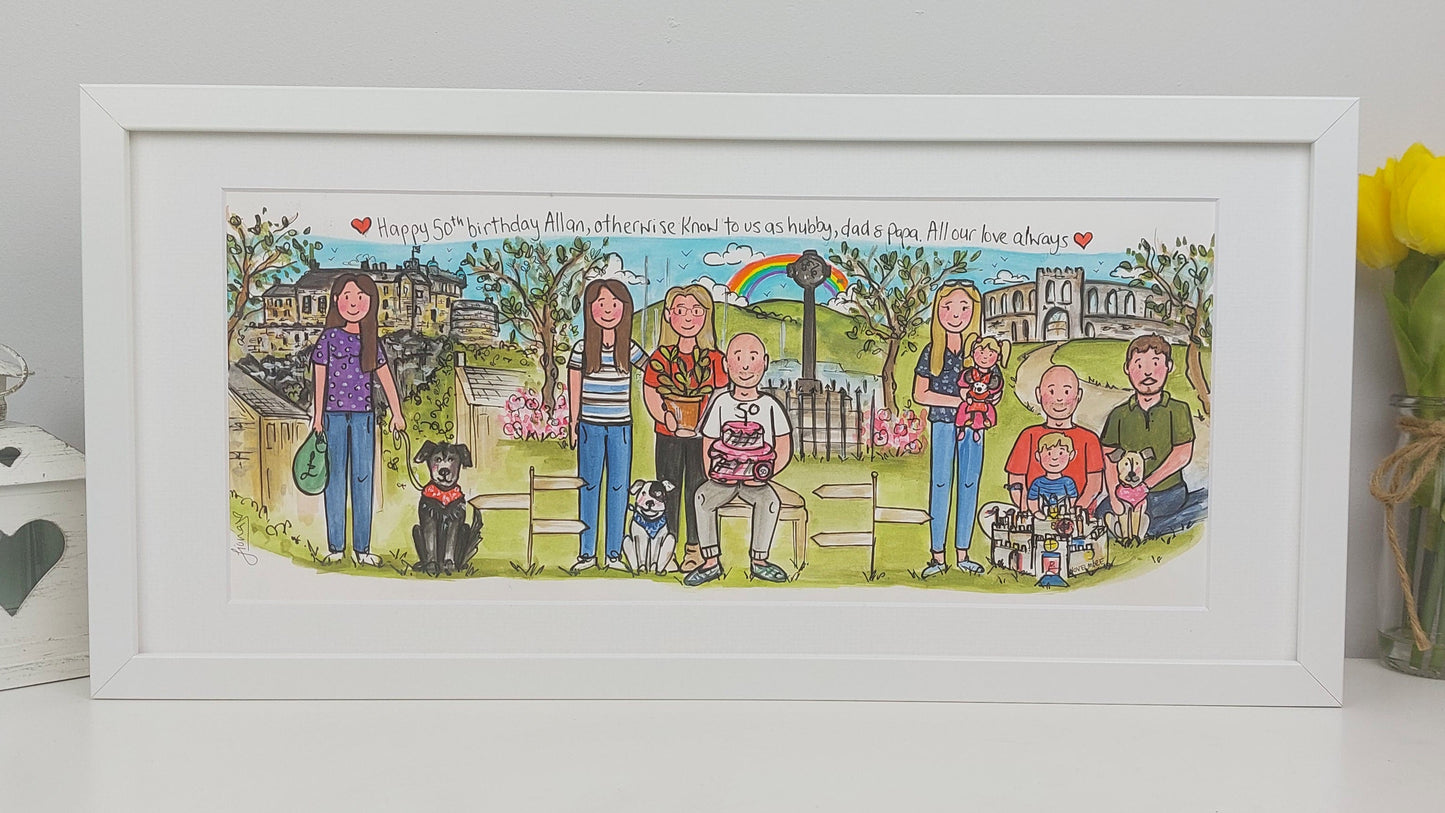 Framed illustration of a family with pets in a garden setting