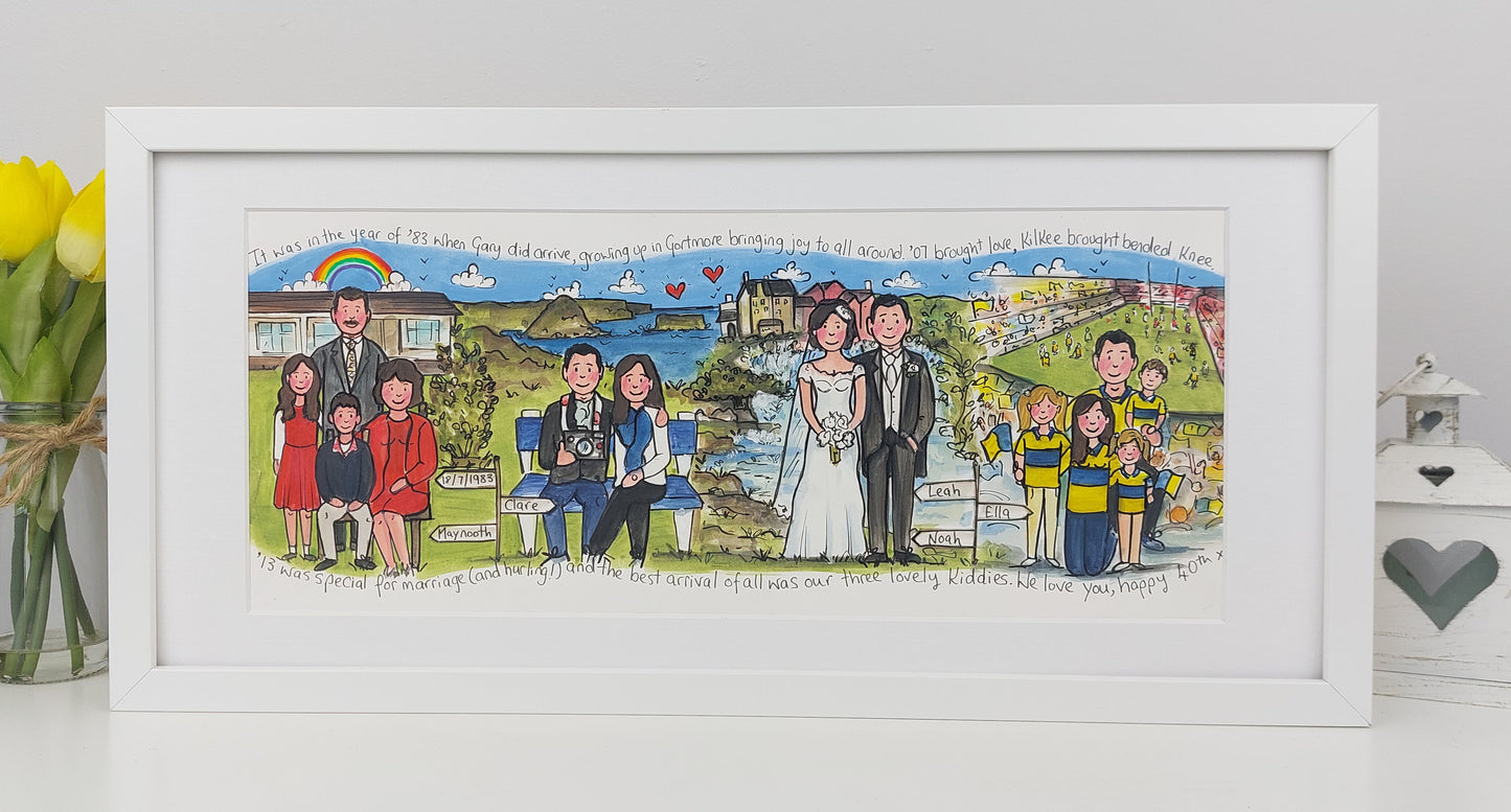 Framed artwork of a family scene with a couple and children, set against a scenic background.