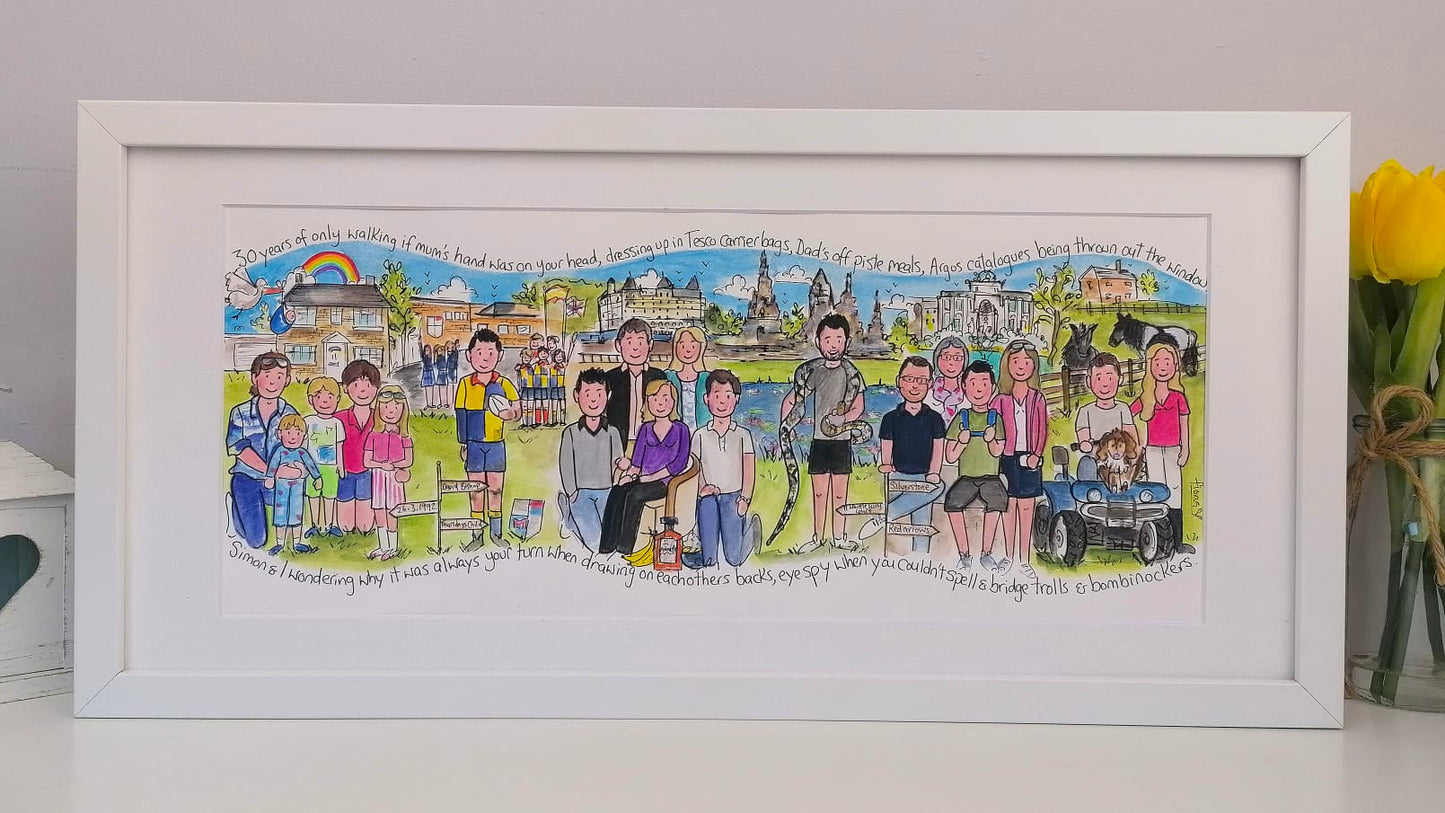 Framed artwork of a family portrait with a scenic background, displayed on a white surface.