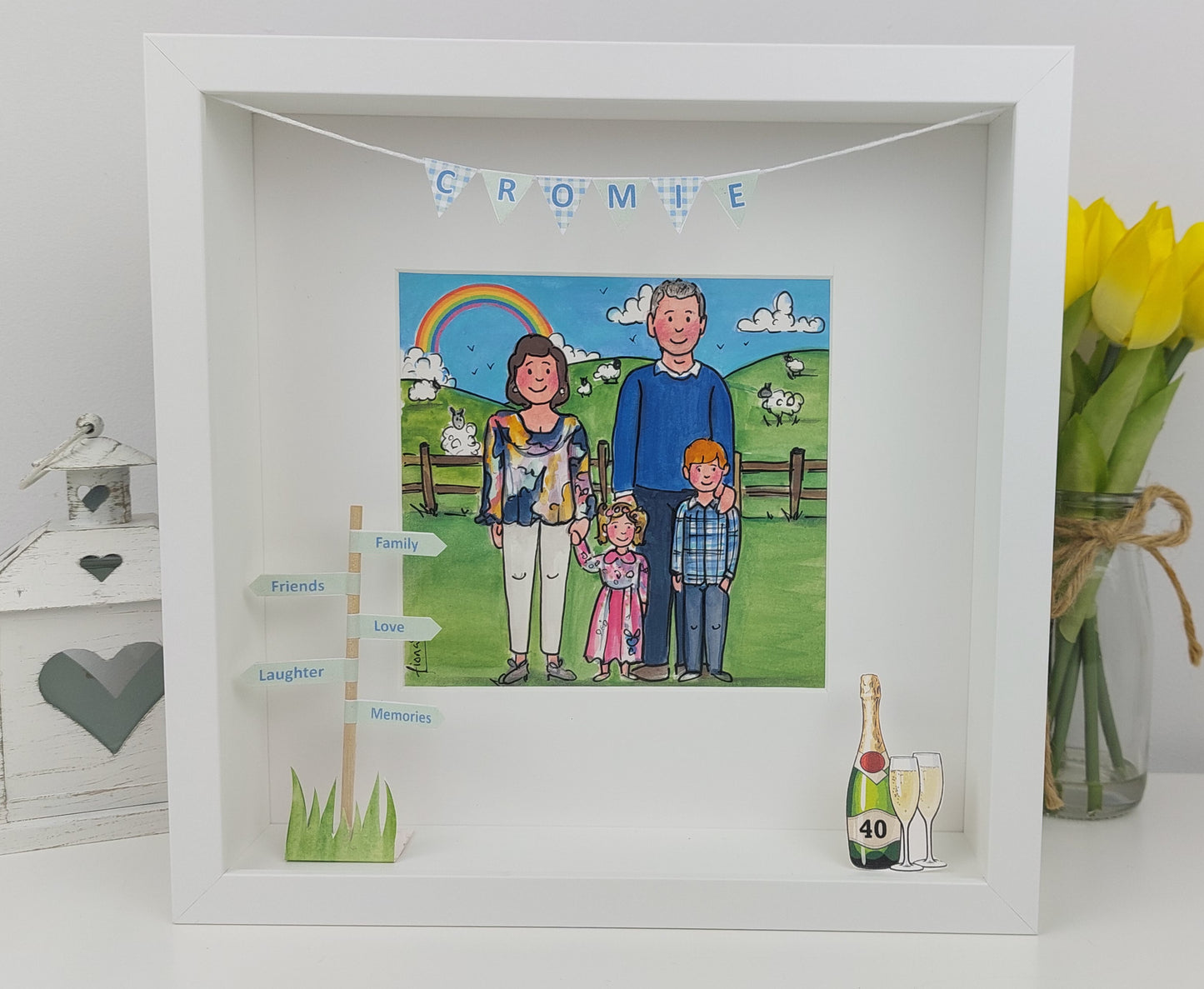 Framed illustration of a family with decorative elements on a white surface