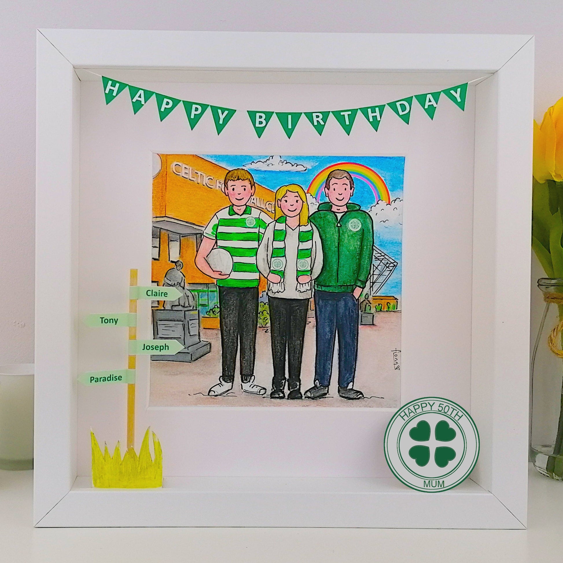 Framed artwork with a family illustration and birthday banner, featuring a Shamrock Farms store in the background.